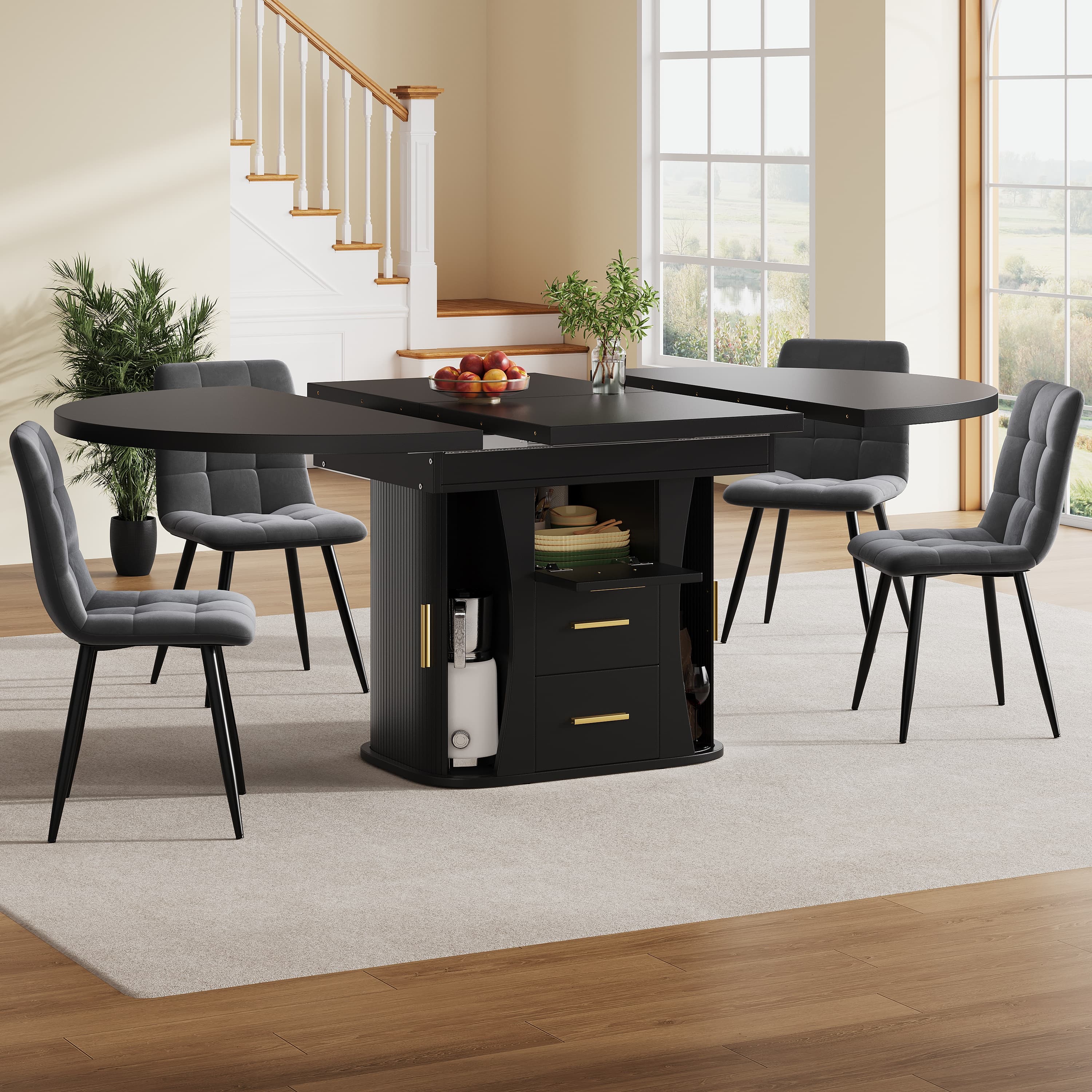 Extendable Round to Oval Black Dining Table for 6 People - image 5