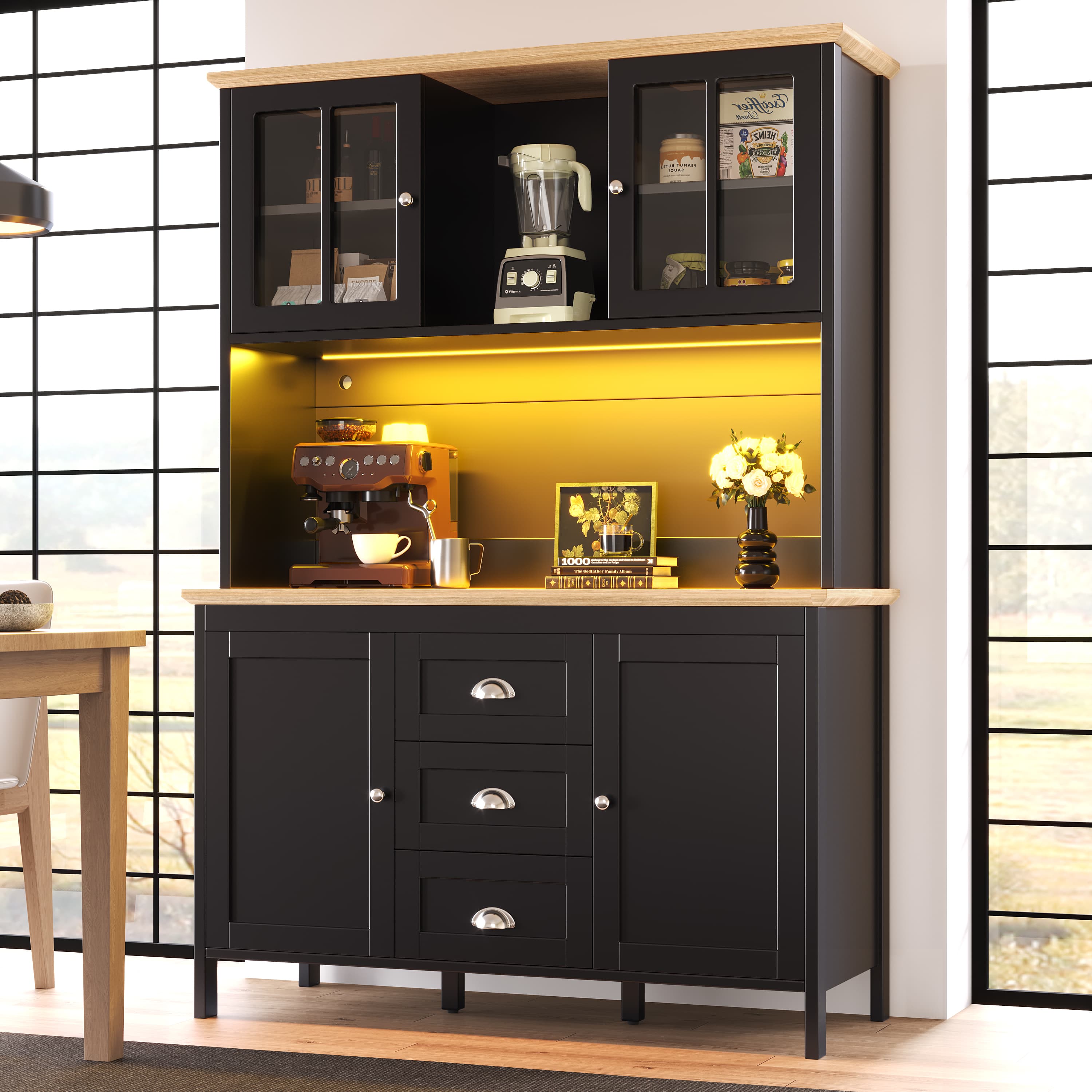 Modern Tall Storage Cabinet with Ambient LED Lighting - Black