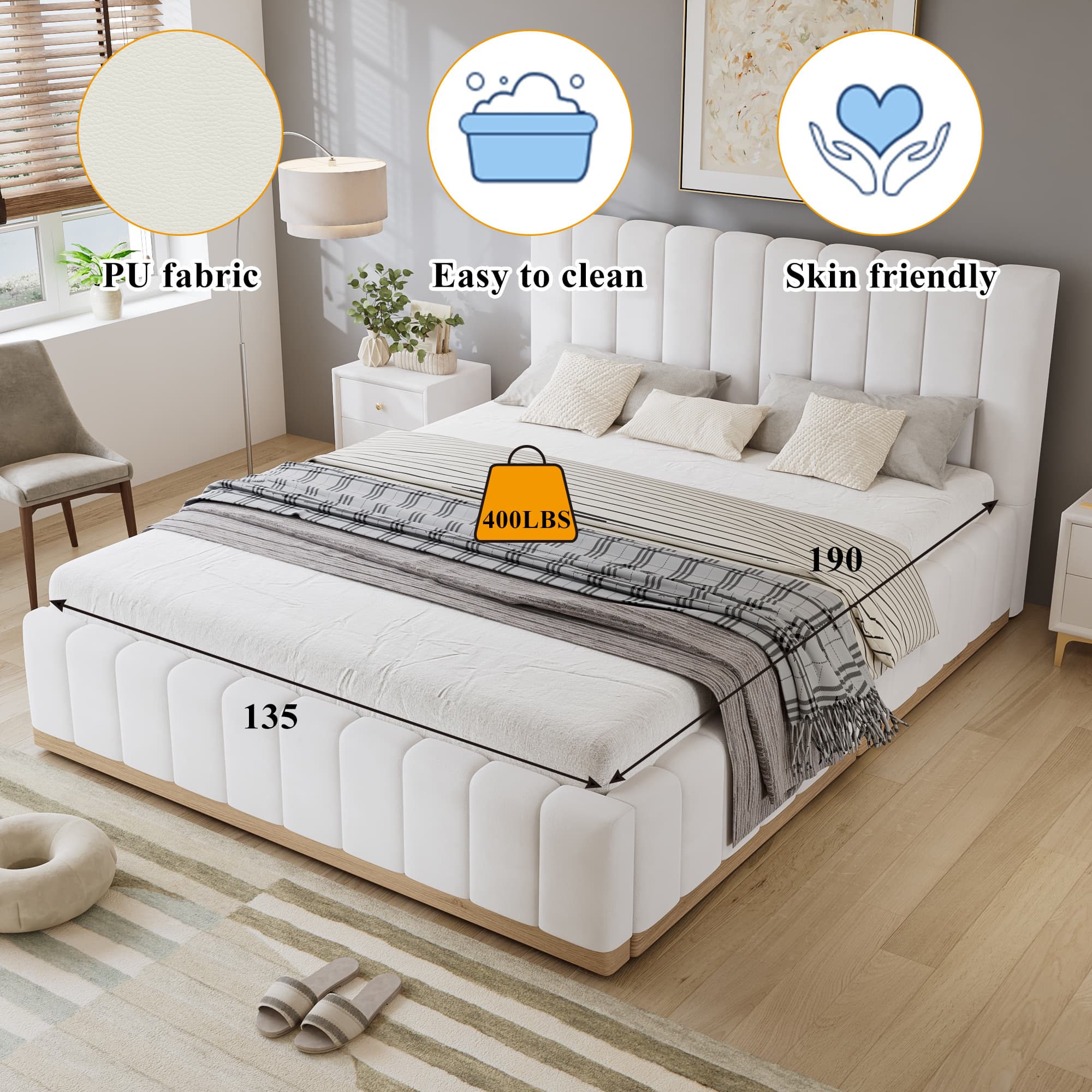 Beige Upholstered Double Bed Frame with Padded Headboard - image 1