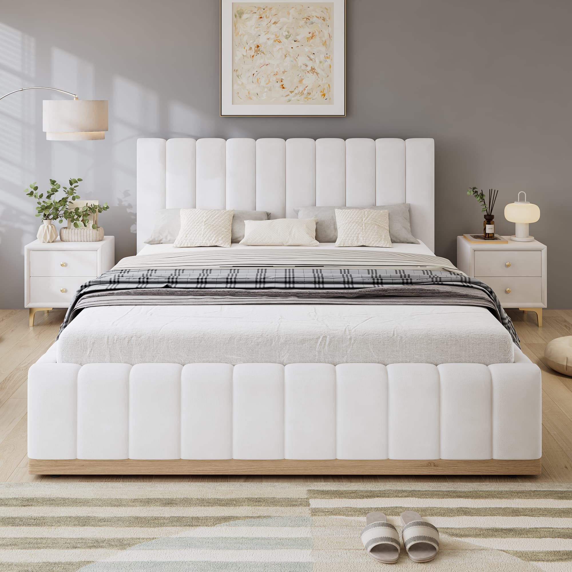 Beige Upholstered Double Bed Frame with Padded Headboard - image 3
