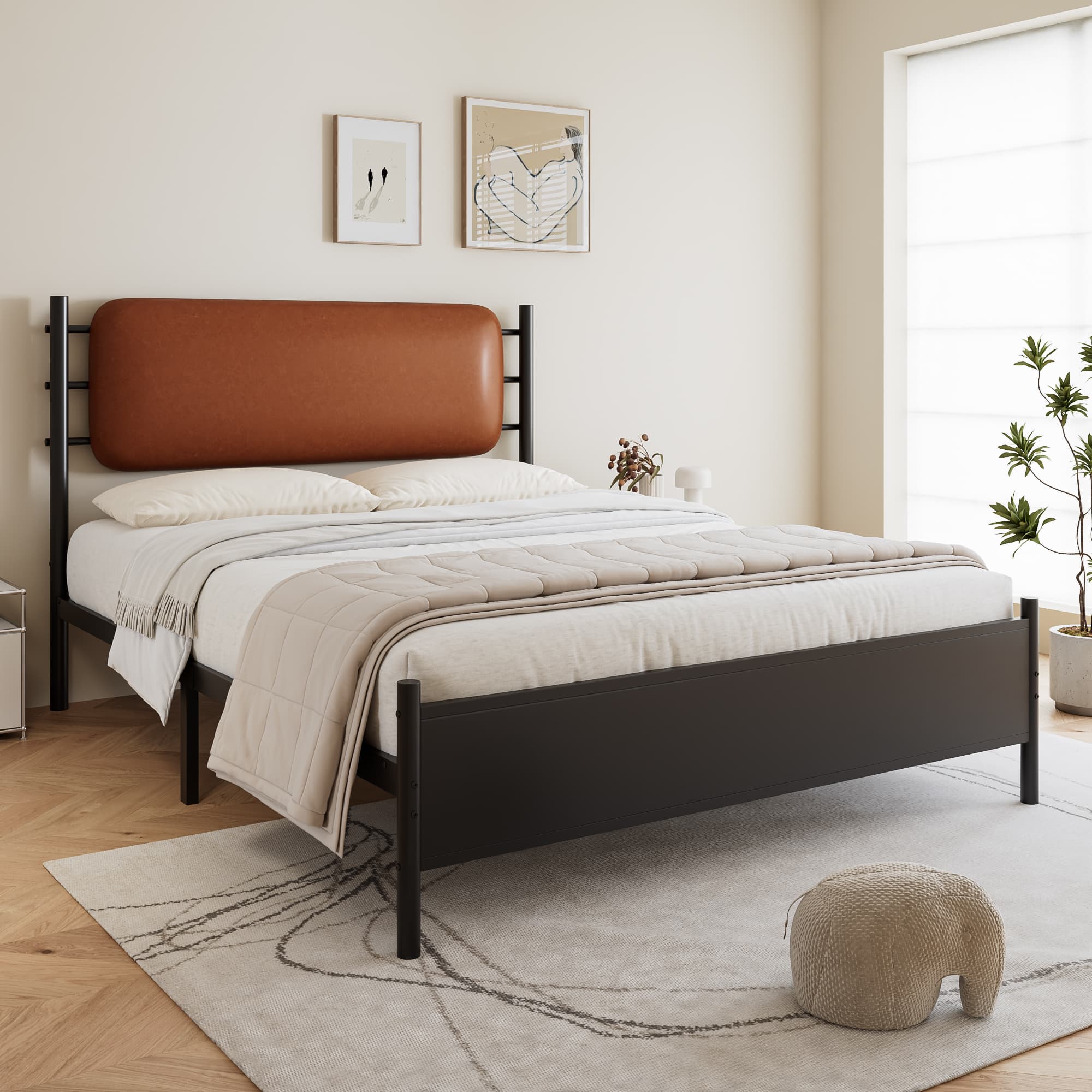 Modern Metal & PU Double Bed for Stylish, Comfortable Support - Black