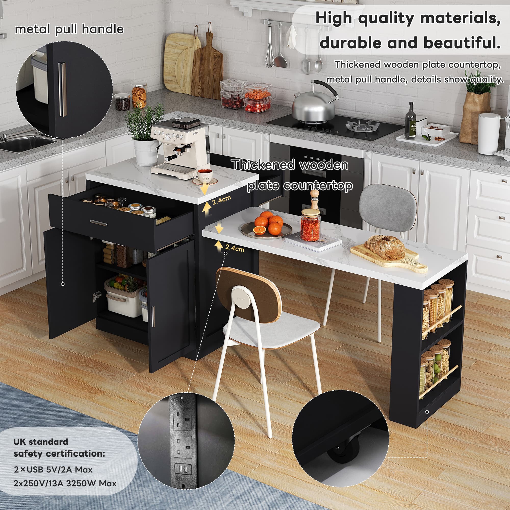 Extendable Kitchen Island with Seating for 6 & USB Charging - image 5