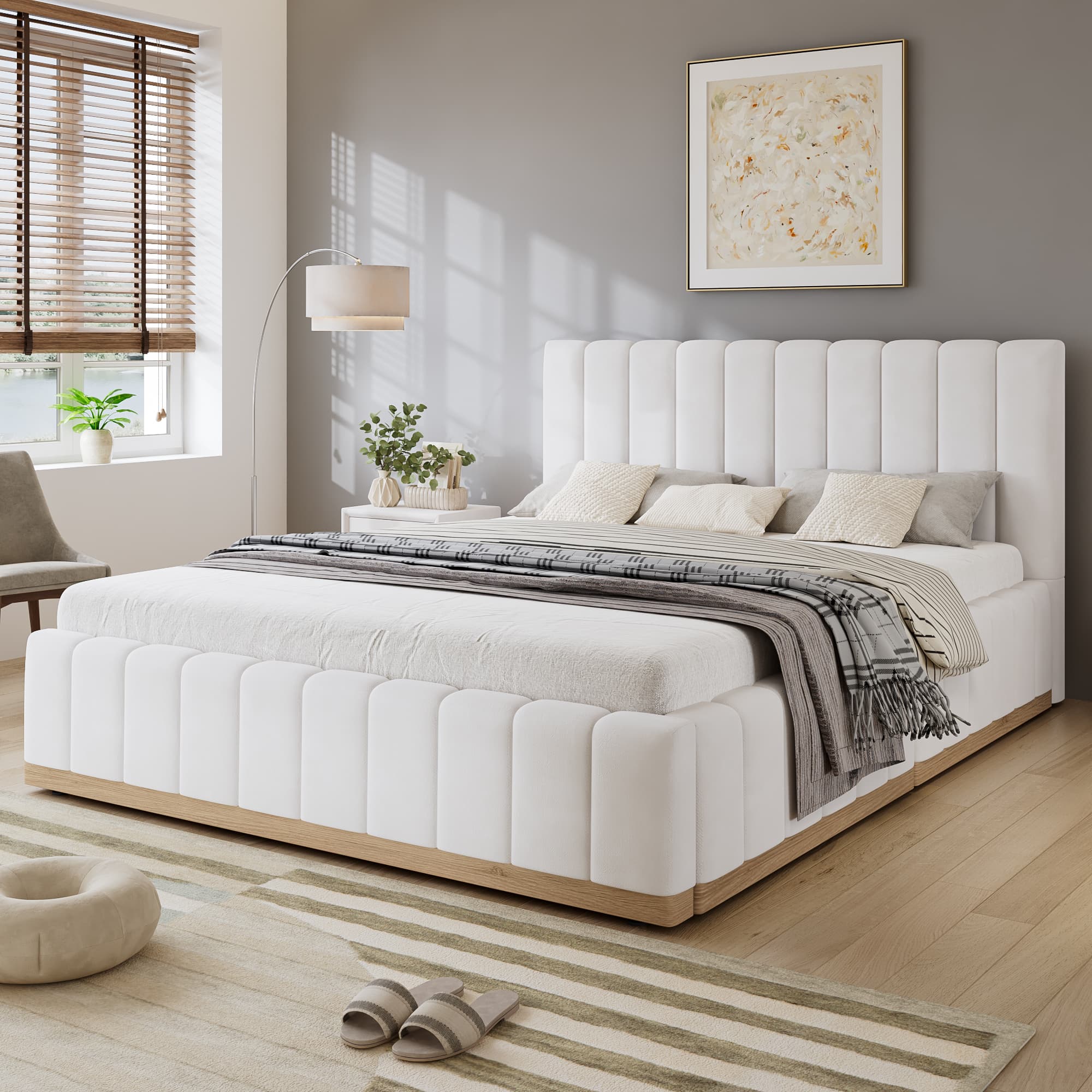 Beige Upholstered Double Bed Frame with Padded Headboard - image 2