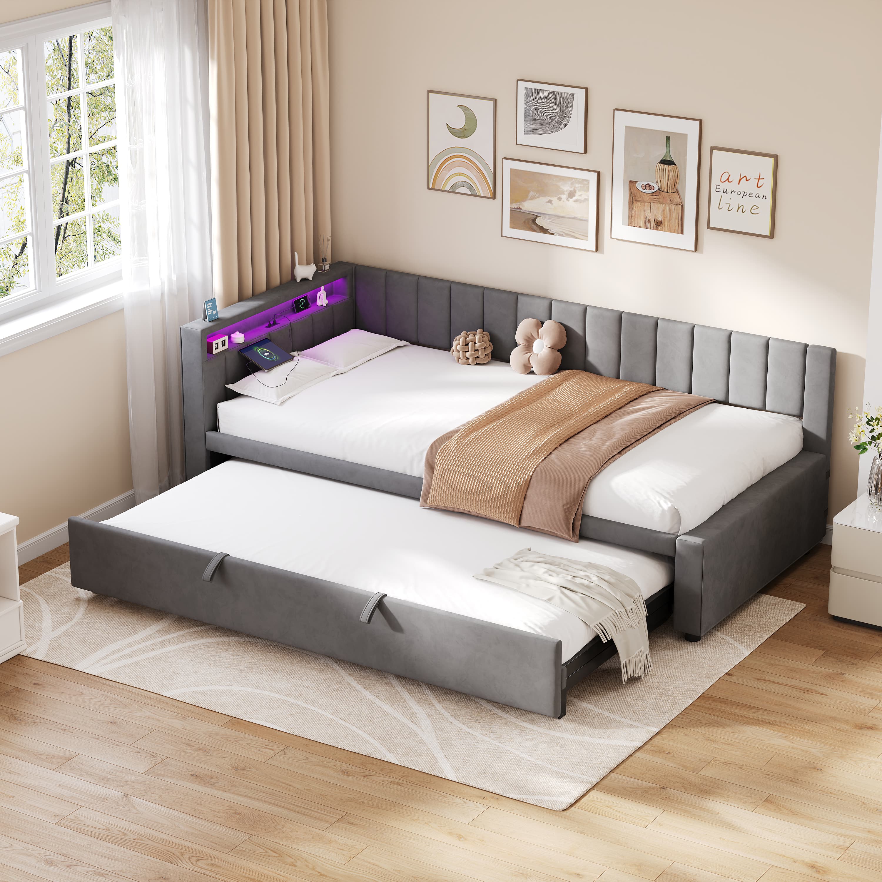 Versatile Velvet Daybed with Trundle, Lights & USB Port - image 2