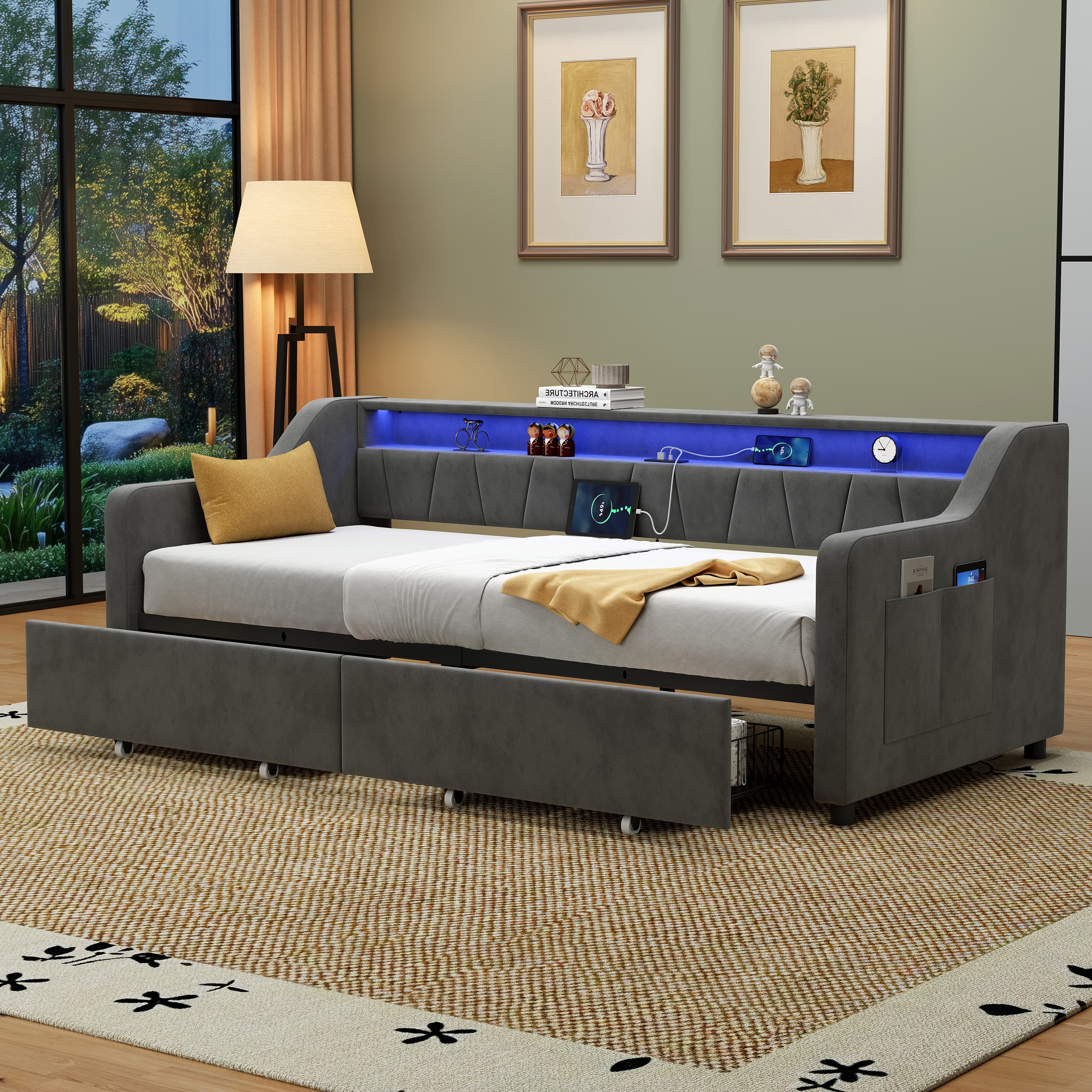 Modern Velvet Daybed with LEDs, Storage & Built-in Charging - image 4