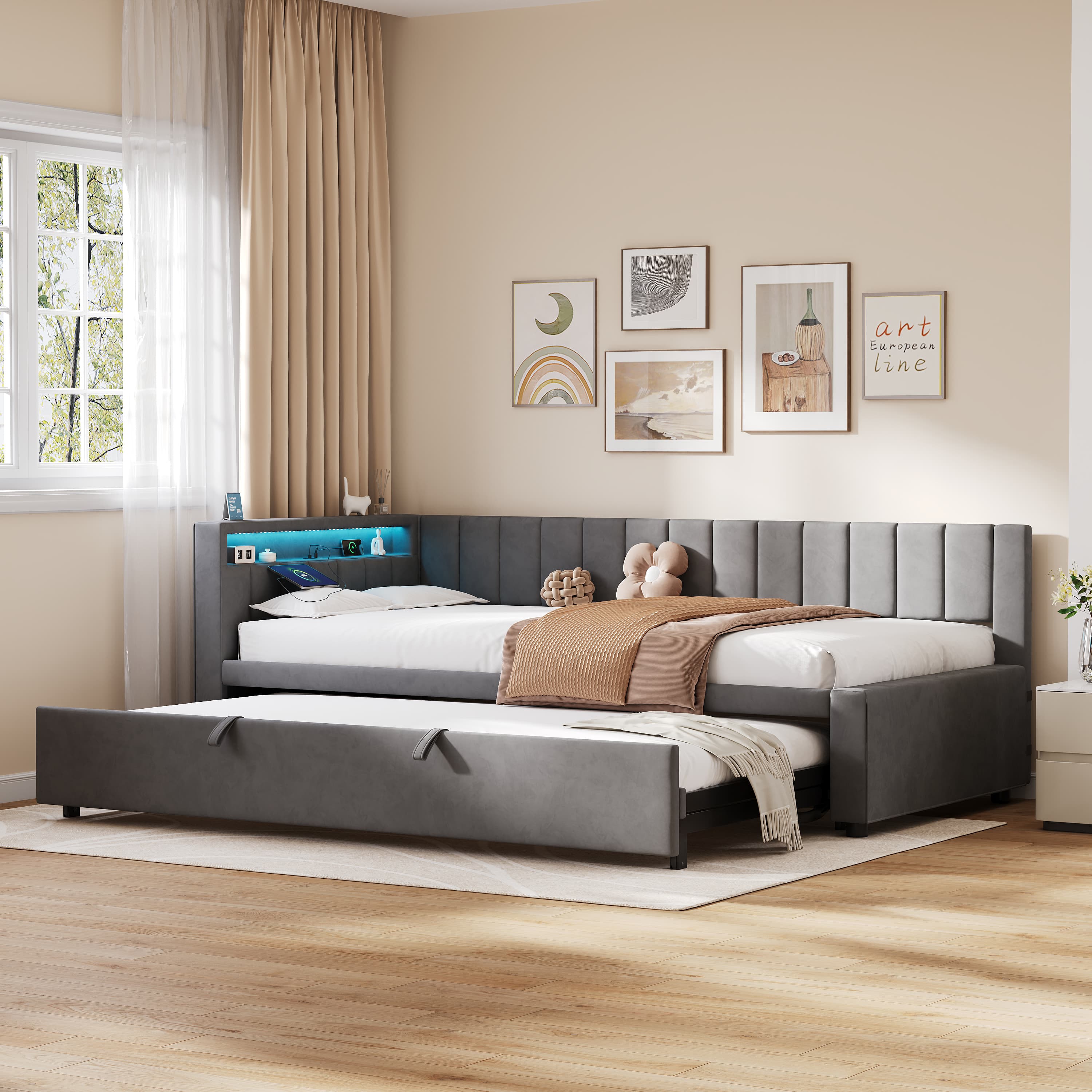 Versatile Velvet Daybed with Trundle, Lights & USB Port - image 3