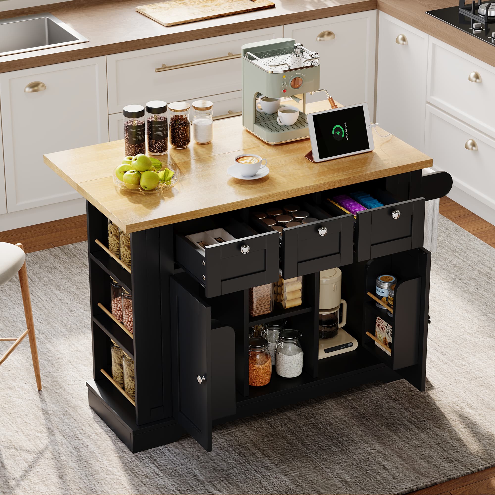Extendable Farmhouse Kitchen Island with Integrated Charging Station