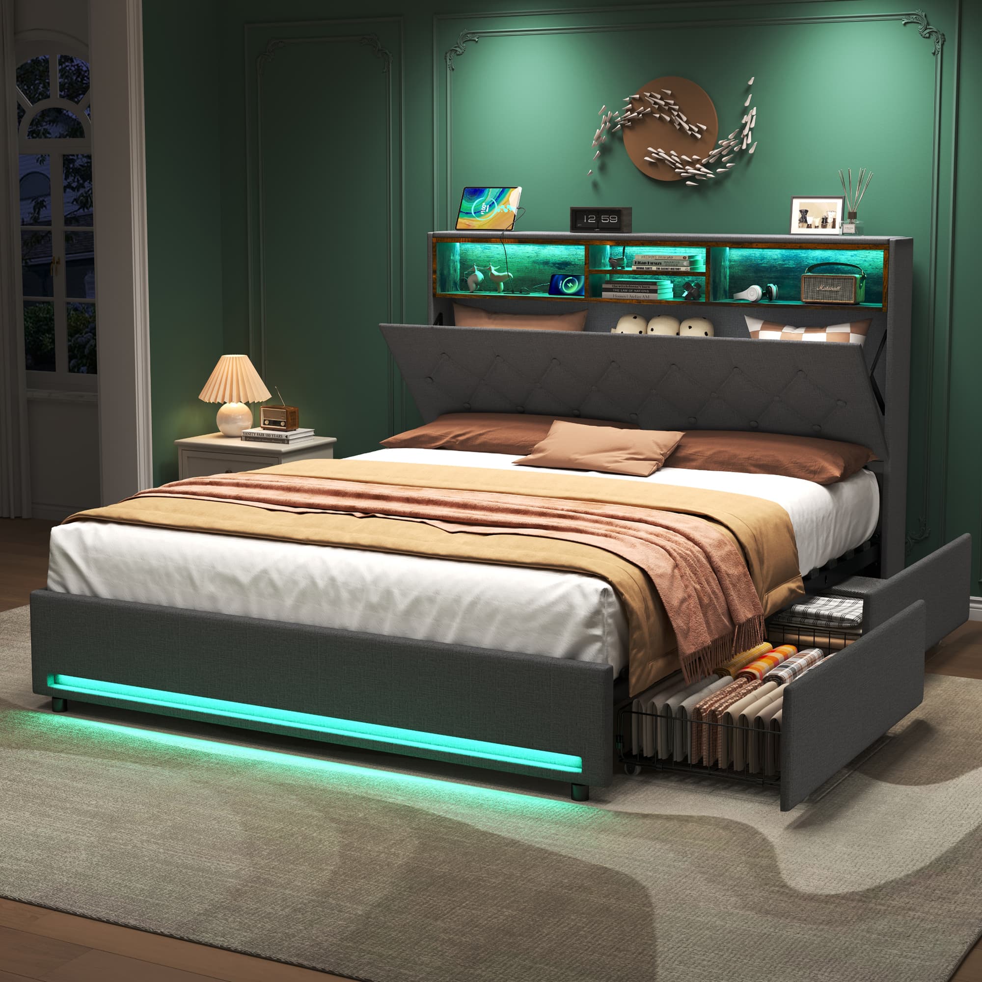 Smart Storage Double Bed with LED Lights & Charging Station - image 1