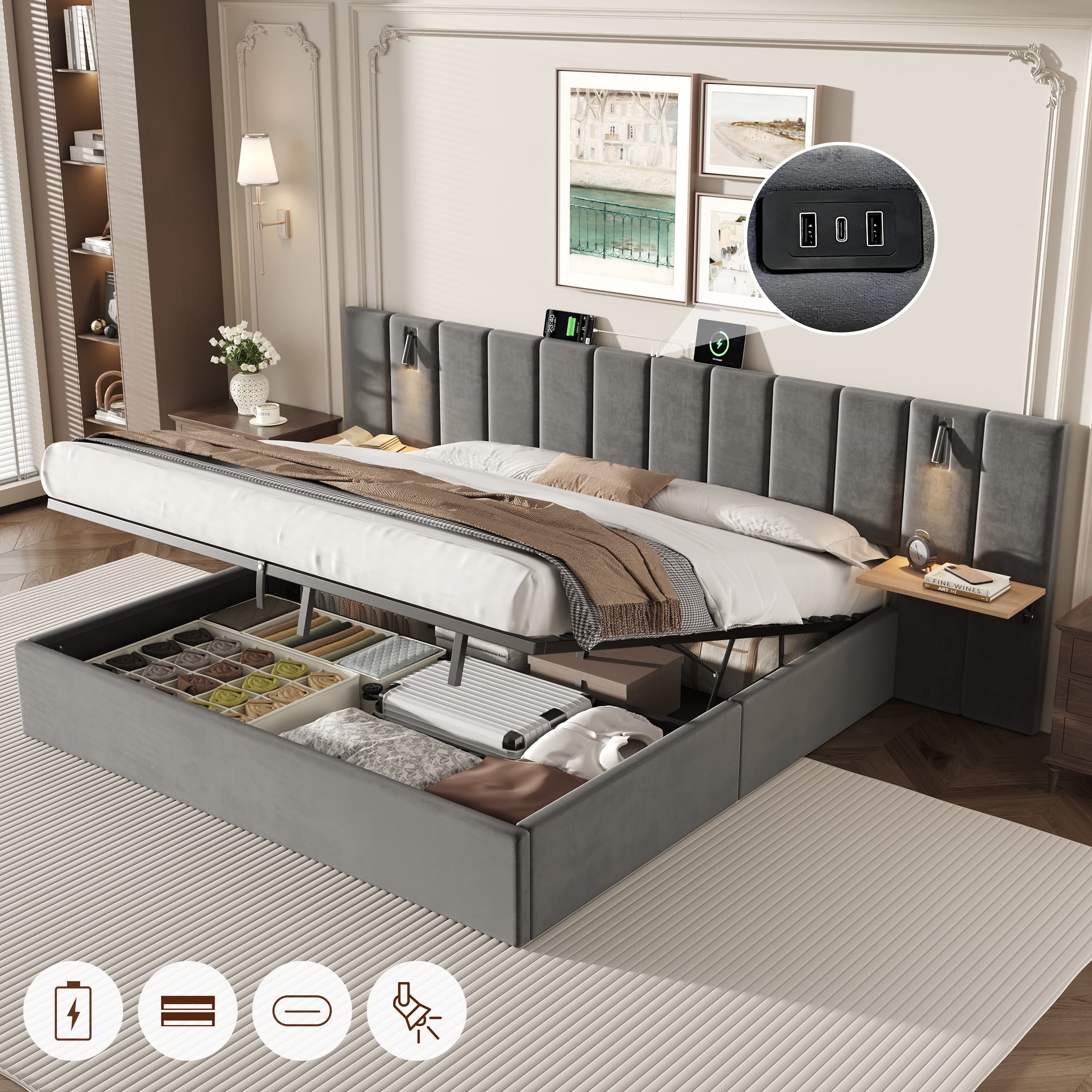 Smart Super King Velvet Bed with Storage, Lights & Charging - Grey