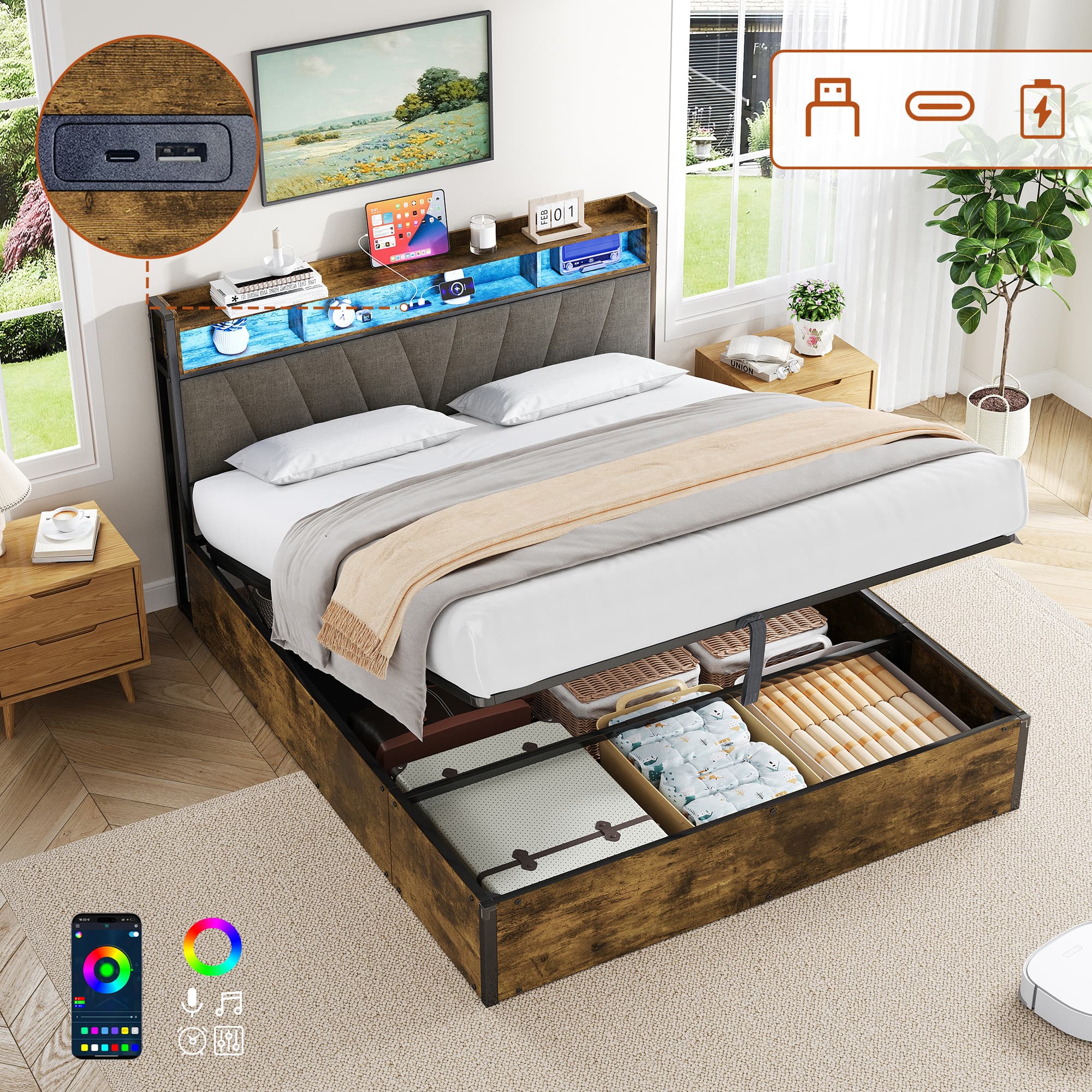 Smart Double Bed with Ottoman Storage, LEDs & USB Charging - Black Dark Walnut
