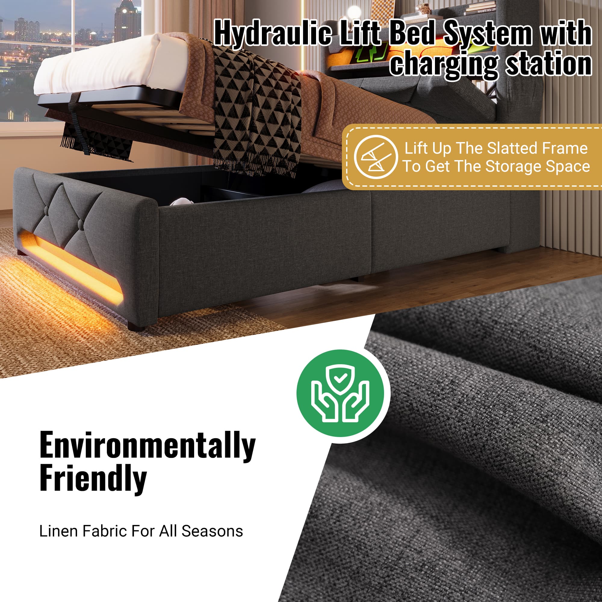 Super King Hydraulic Bed with LED Lights & USB-C Port - image 3