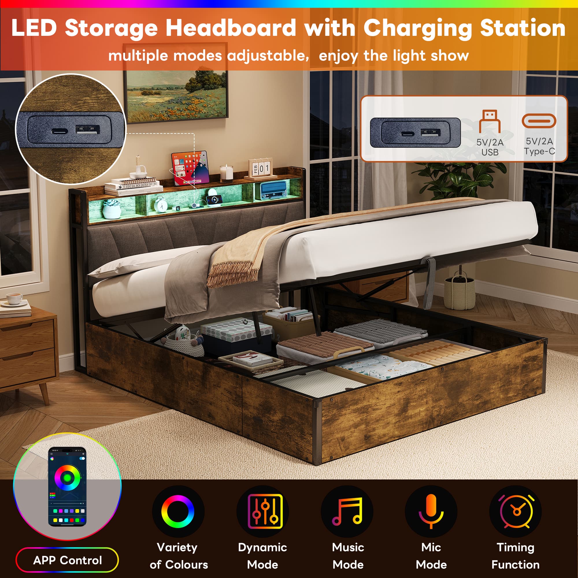 Smart Double Bed with Ottoman Storage, LEDs & USB Charging - image 3
