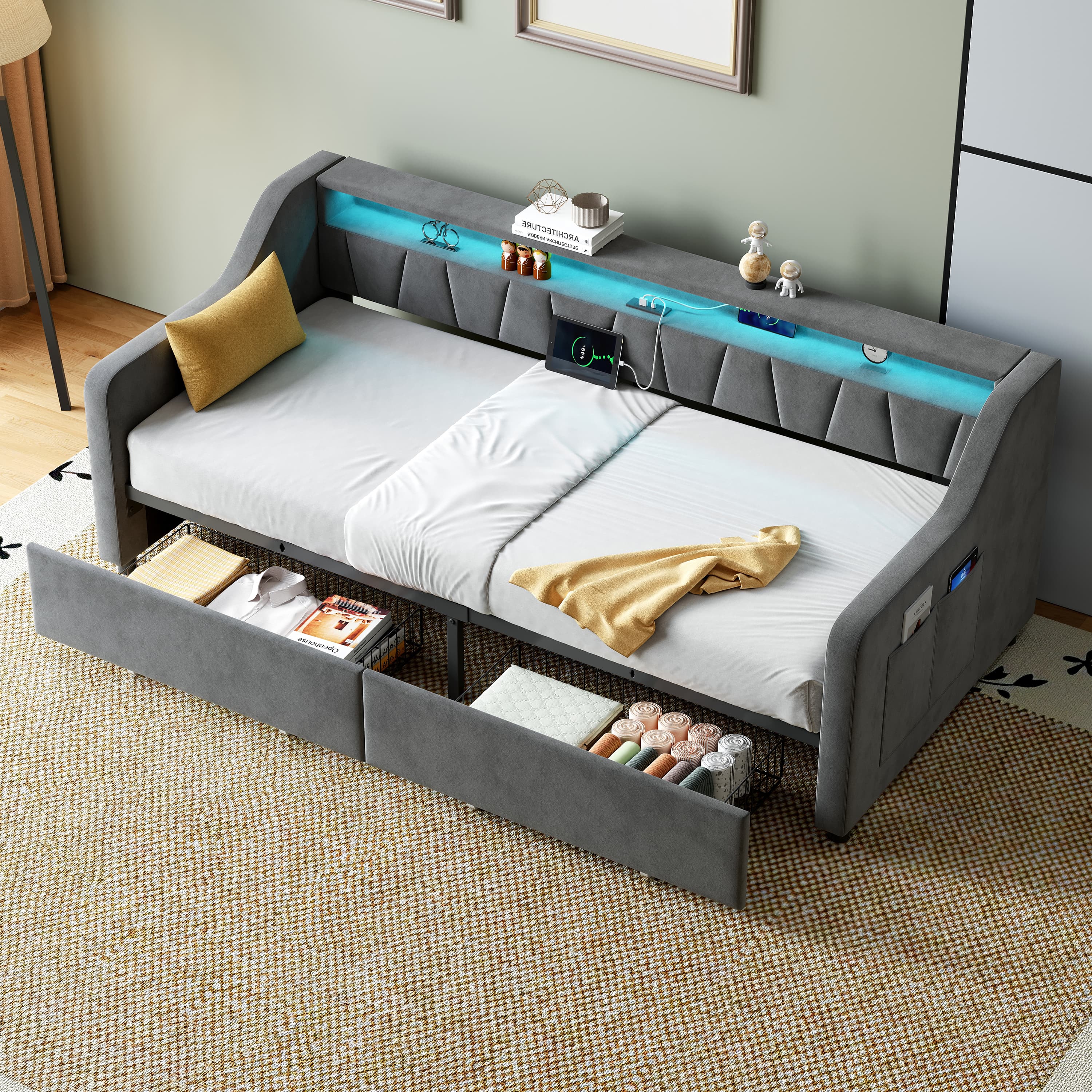 Modern Velvet Daybed with LEDs, Storage & Built-in Charging - image 5