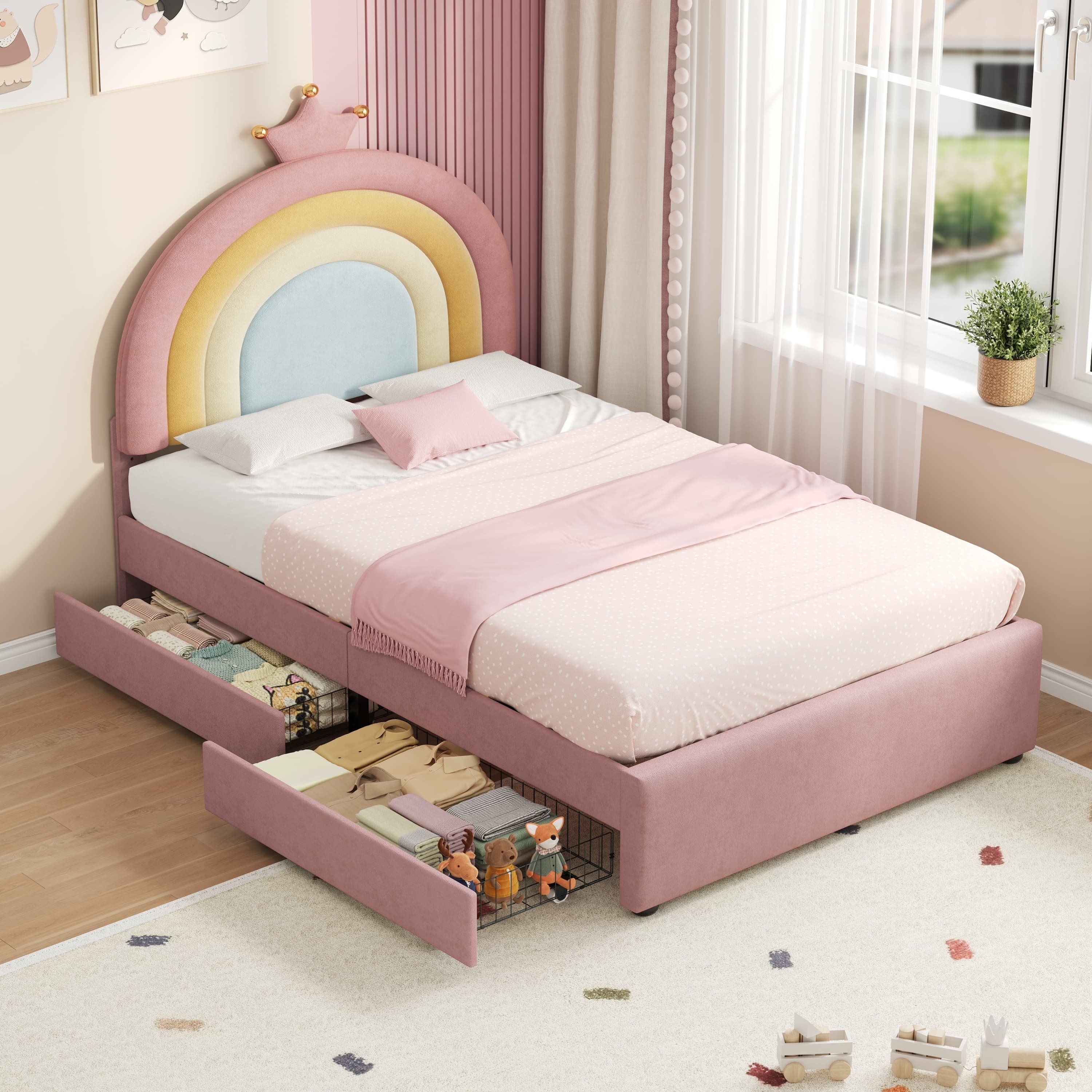 Transform Their Room with a Rainbow Crown Bed & Smart Storage - Pink