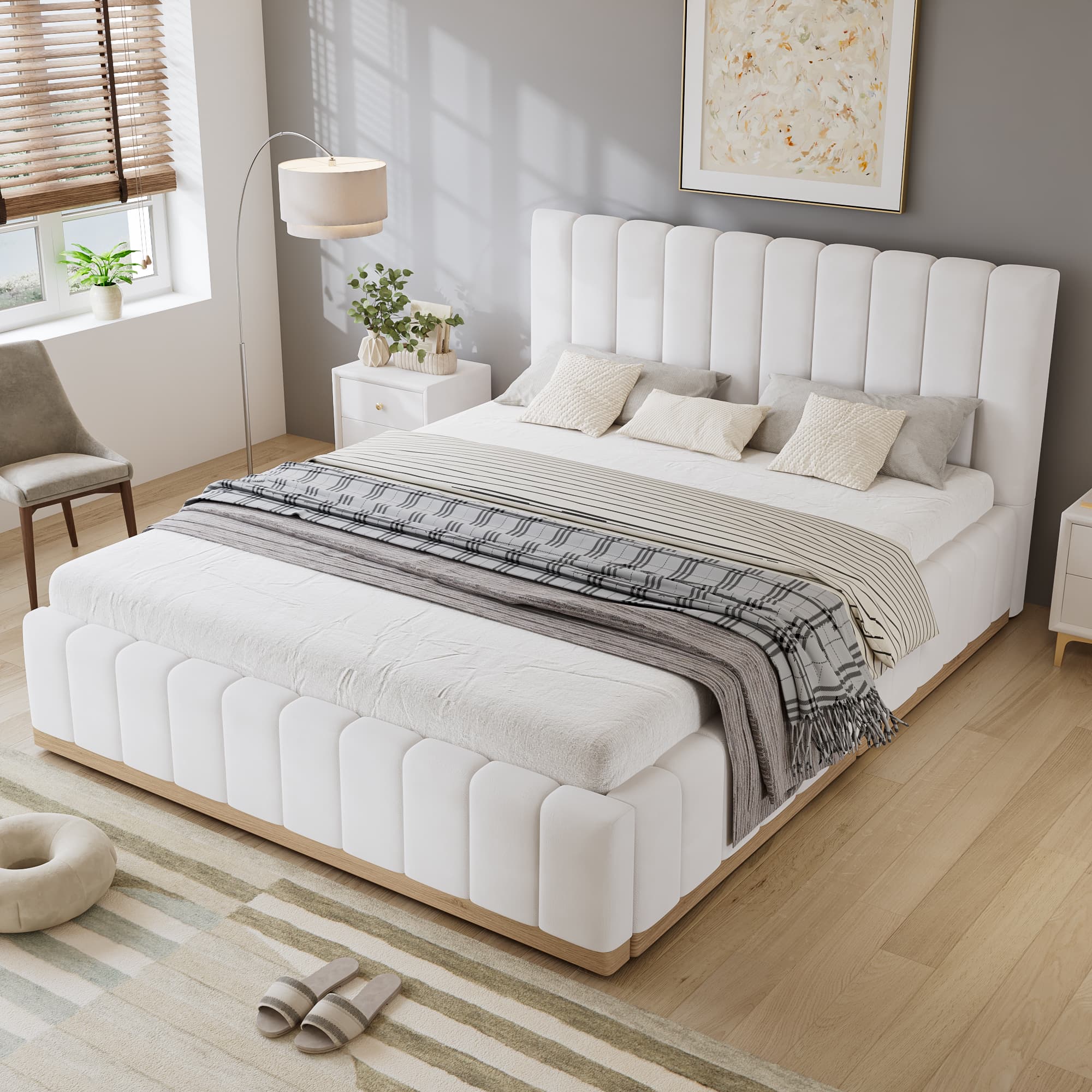Beige Upholstered Double Bed Frame with Padded Headboard
