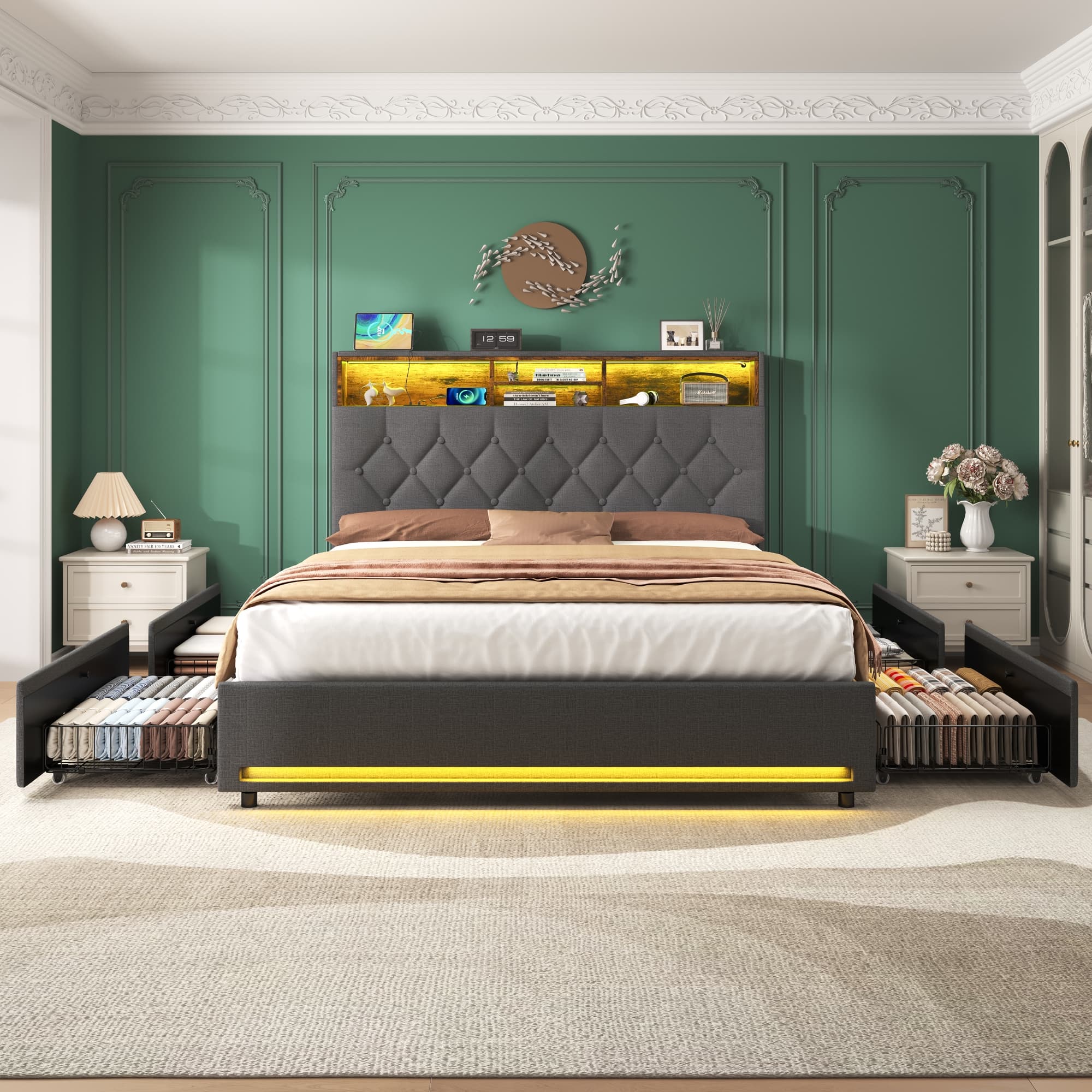 Smart Storage Double Bed with LED Lights & Charging Station - image 2