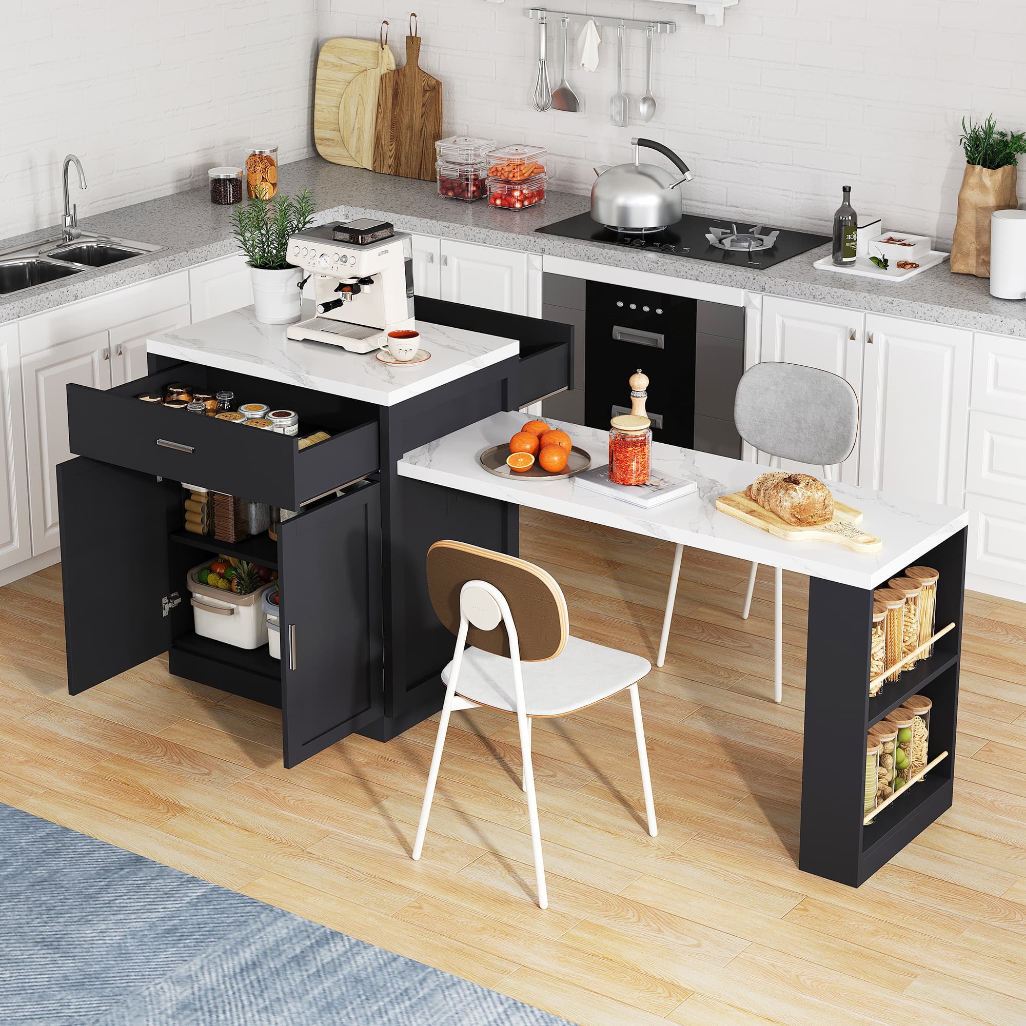 Extendable Kitchen Island with Seating for 6 & USB Charging