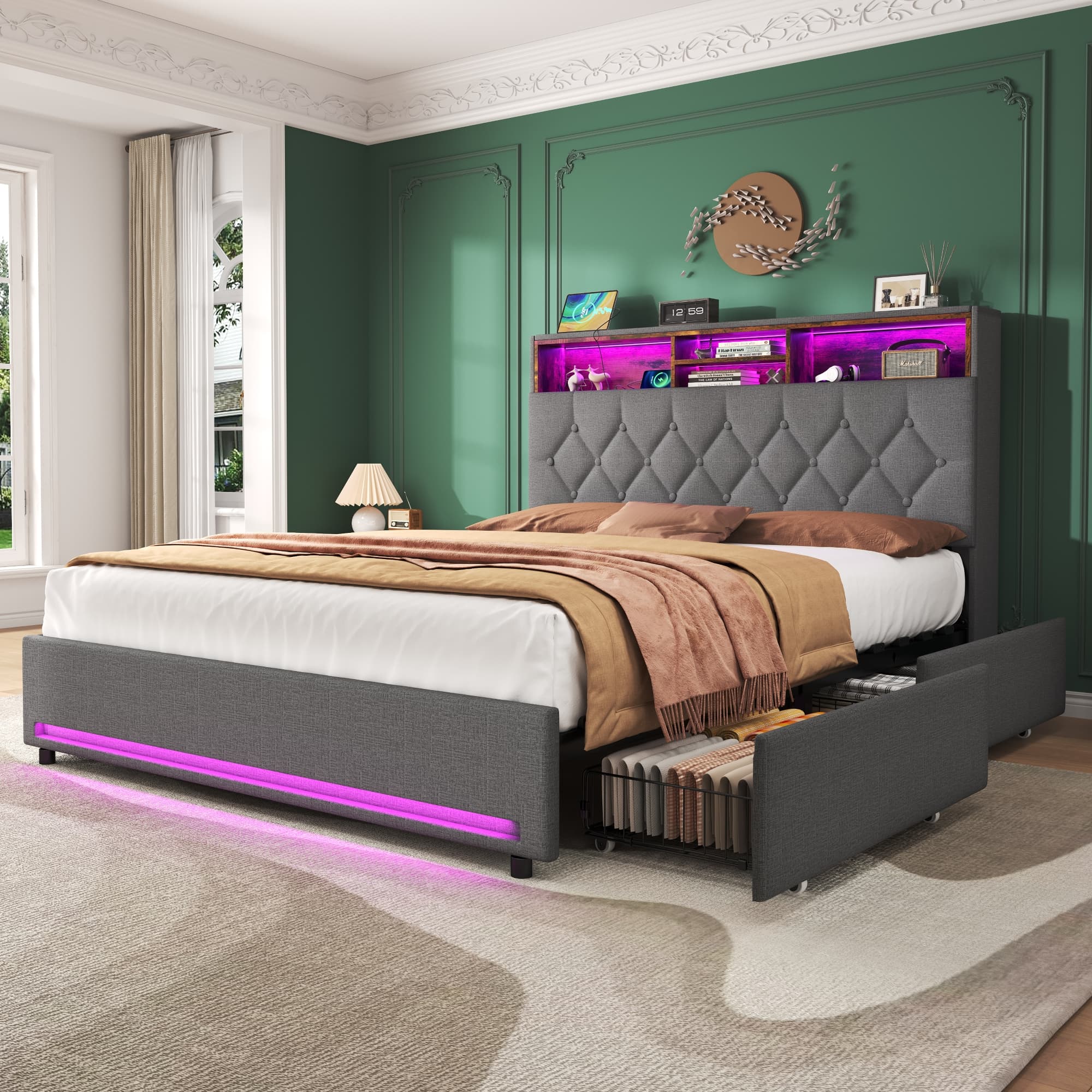 Smart Storage Double Bed with LED Lights & Charging Station - image 5