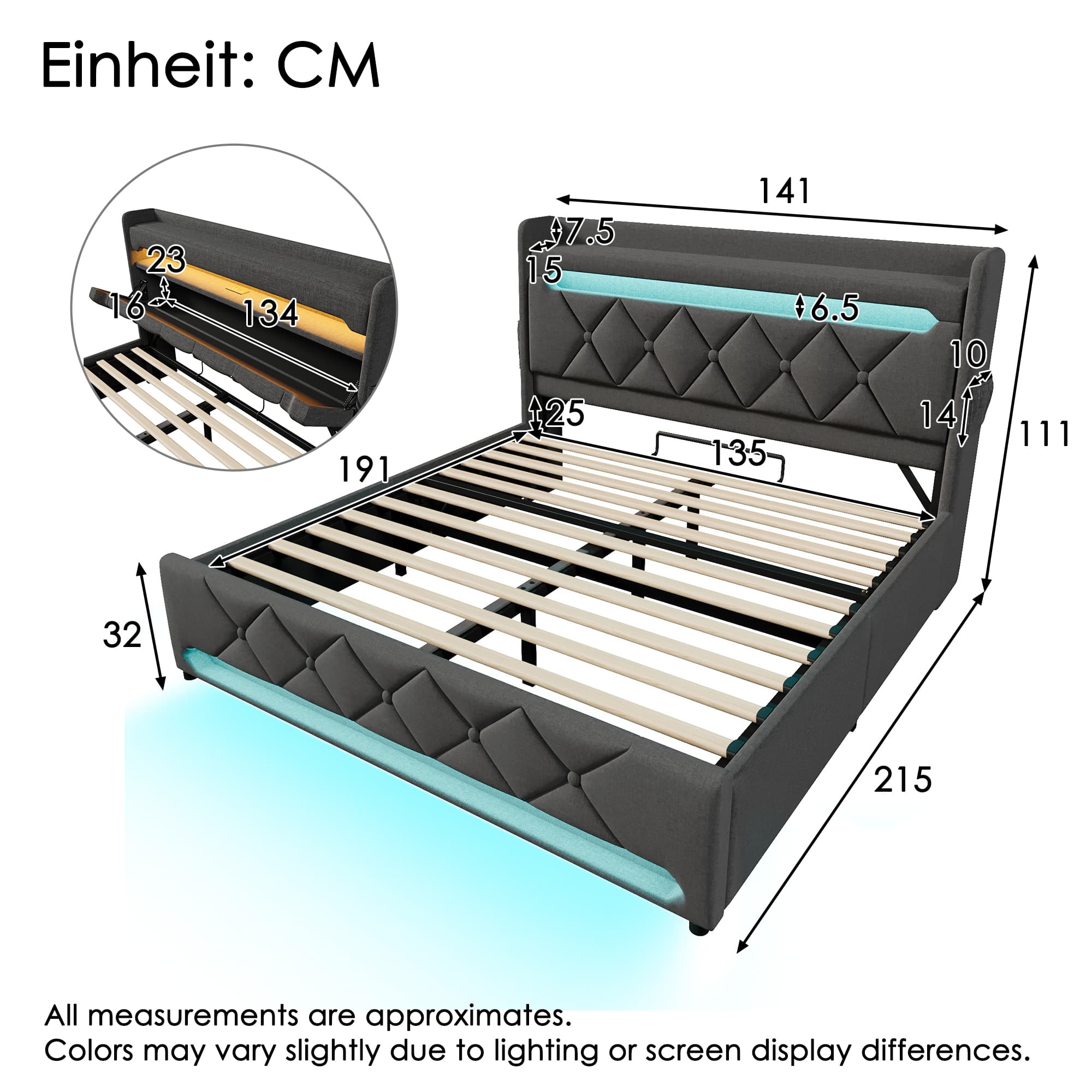 Grey Linen Ottoman Double Bed with Smart LED & USB Storage - image 2