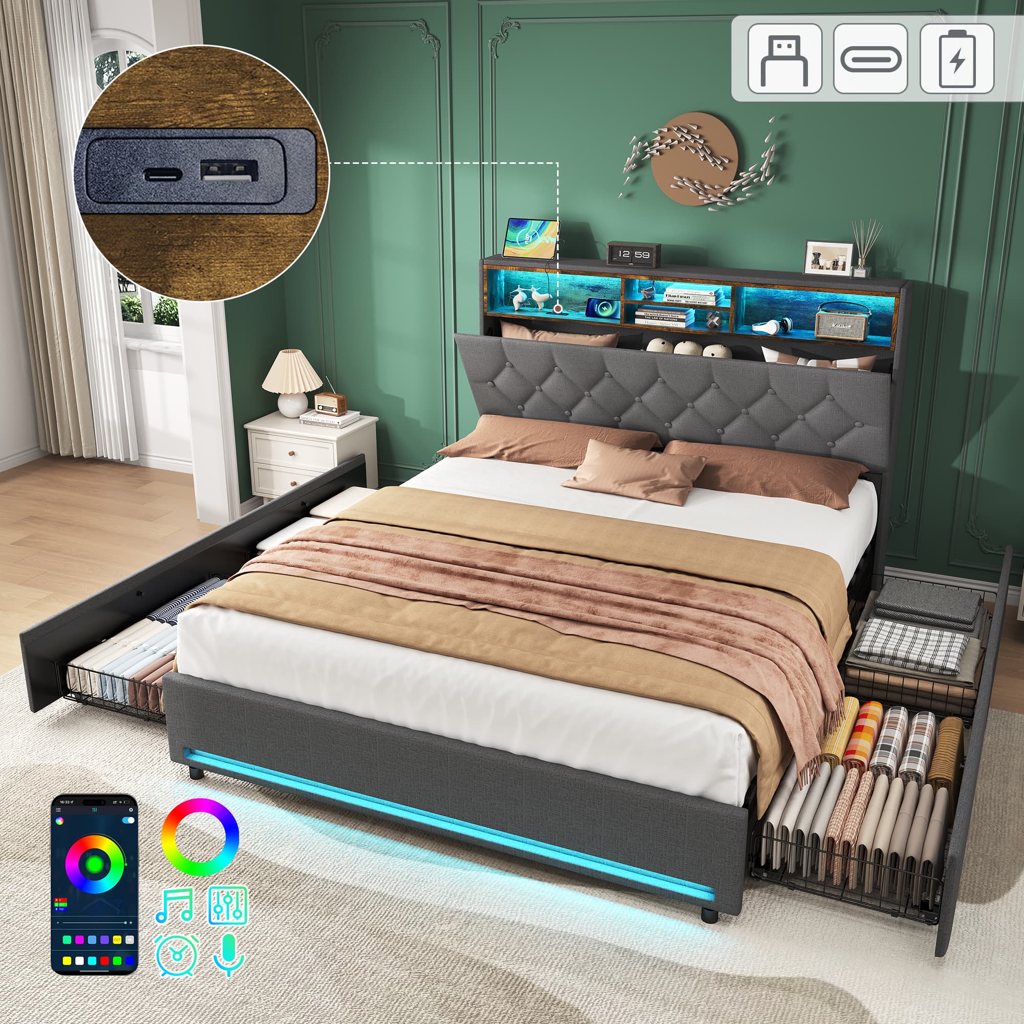 Smart Storage Double Bed with LED Lights & Charging Station - Grey