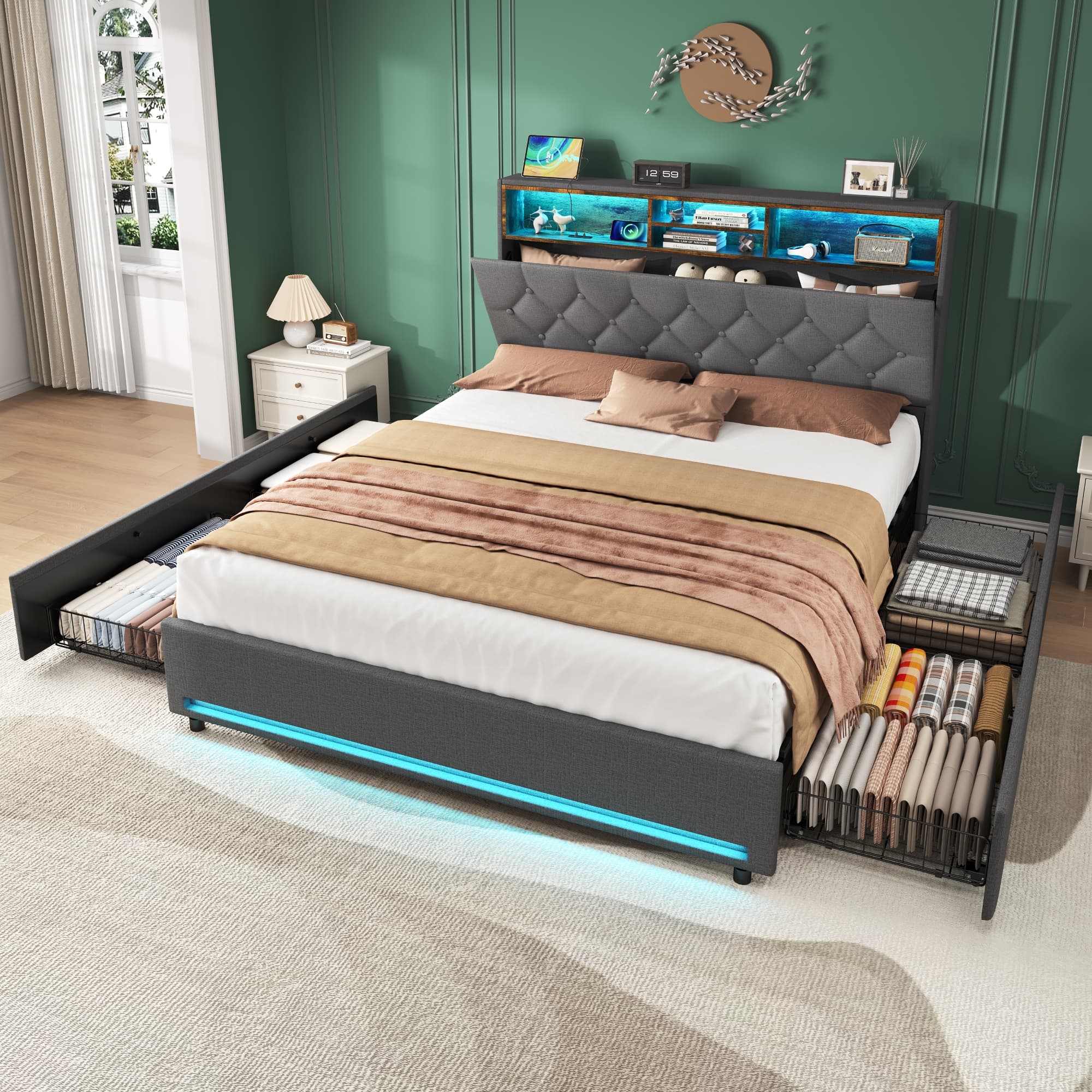 Smart Storage Double Bed with LED Lights & Charging Station - image 3
