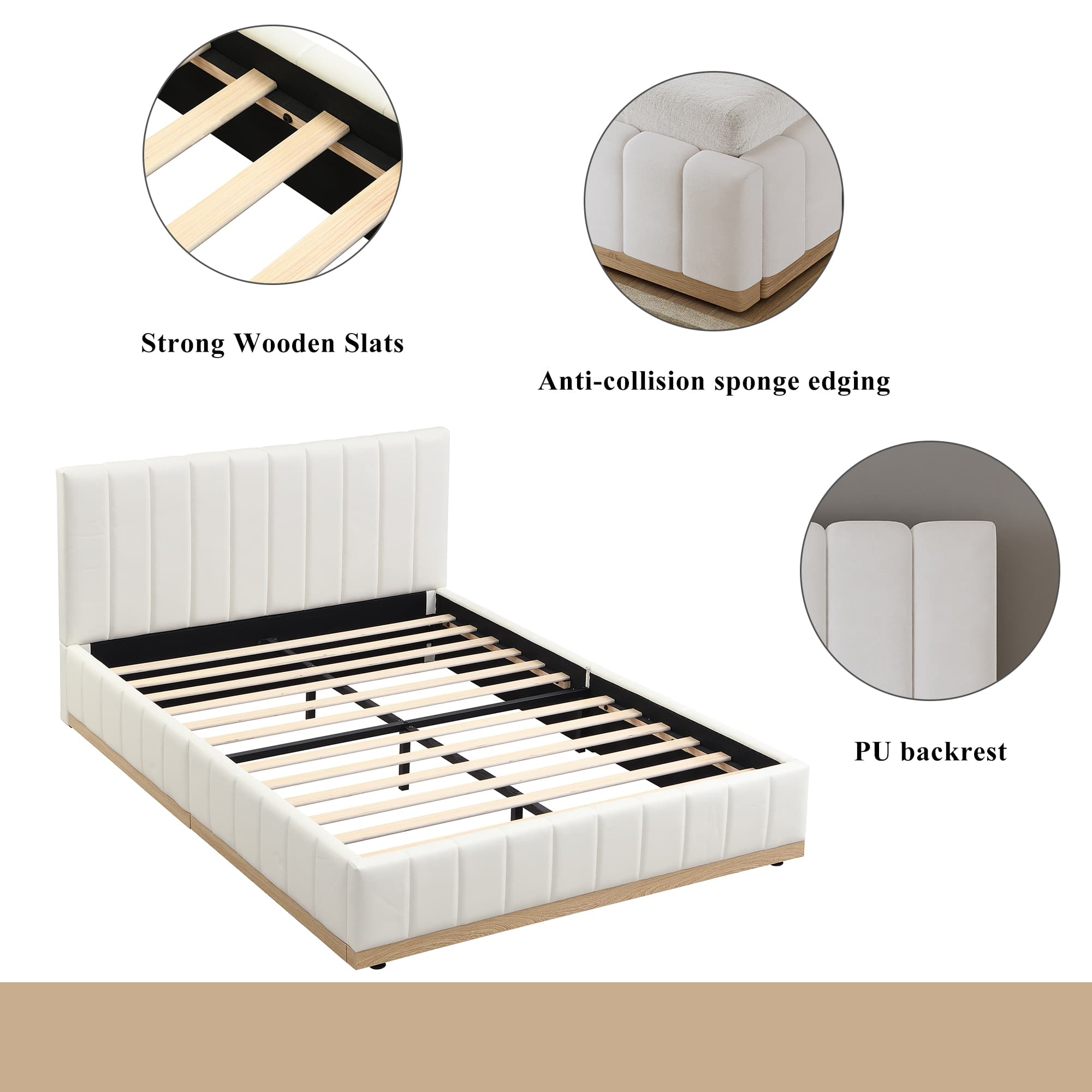 Beige Upholstered Double Bed Frame with Padded Headboard - image 4