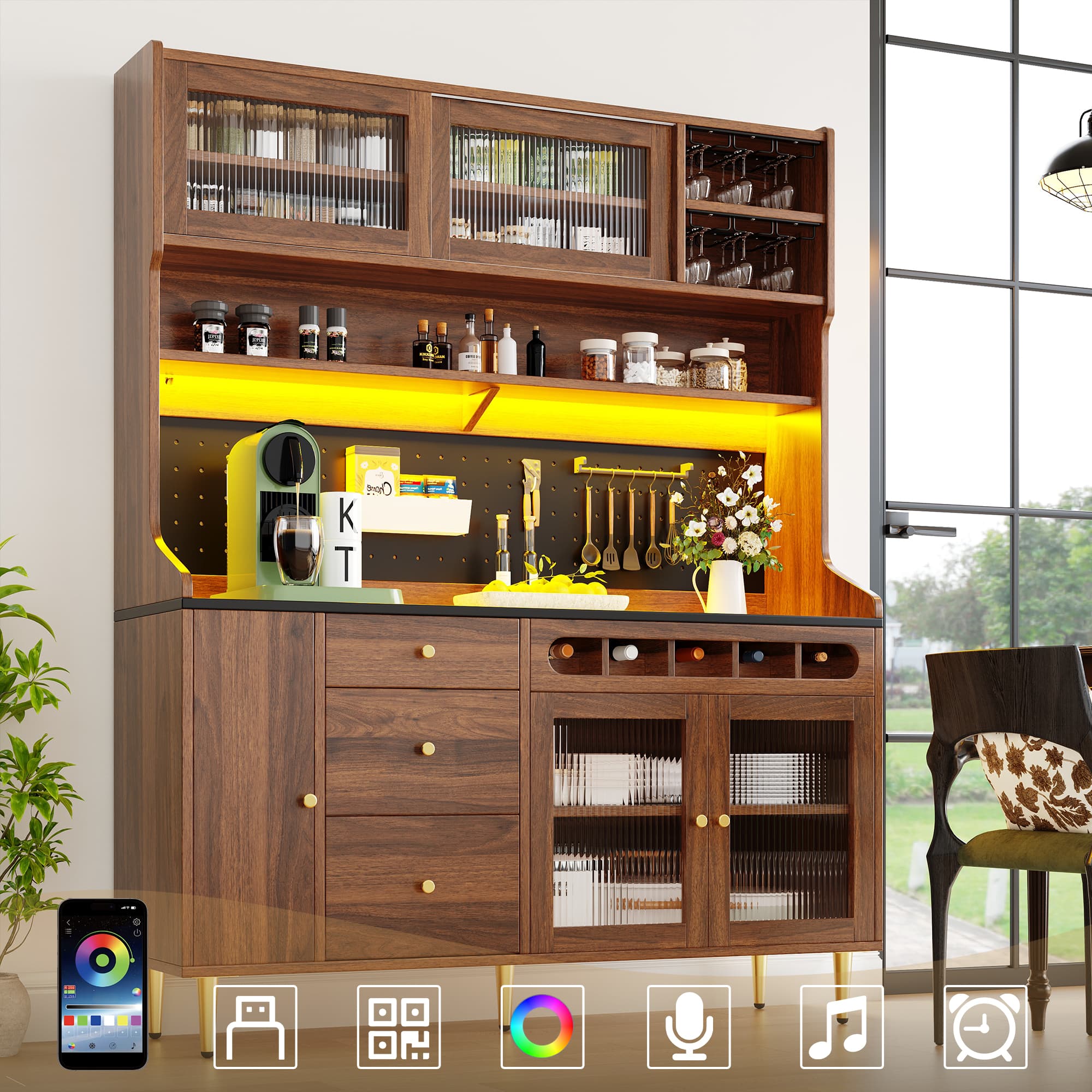 Smart Highboard Storage with Ambient LED Lighting & Wine Rack