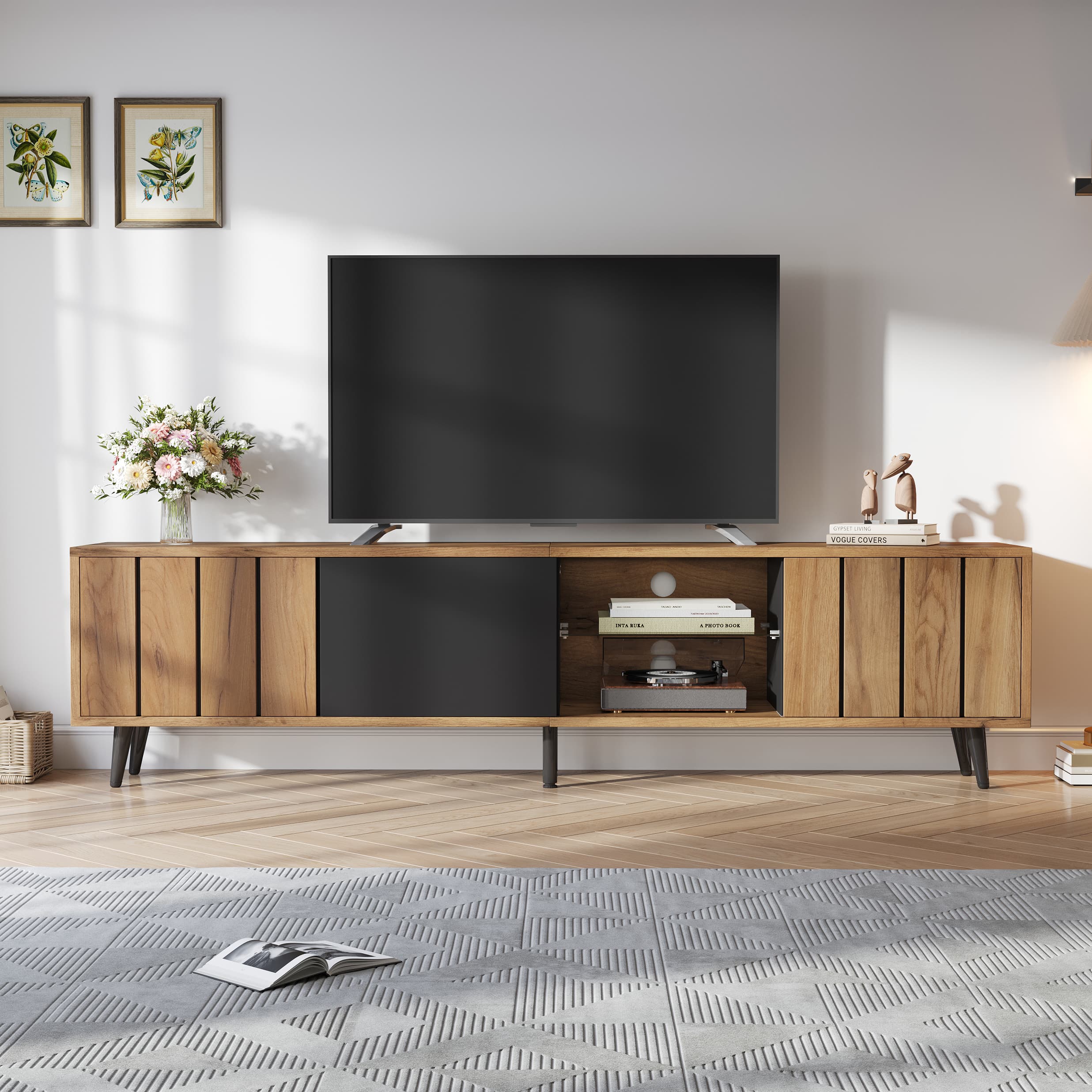 Transform Your Media Hub with This Sleek Wood & Black TV Unit - Wood