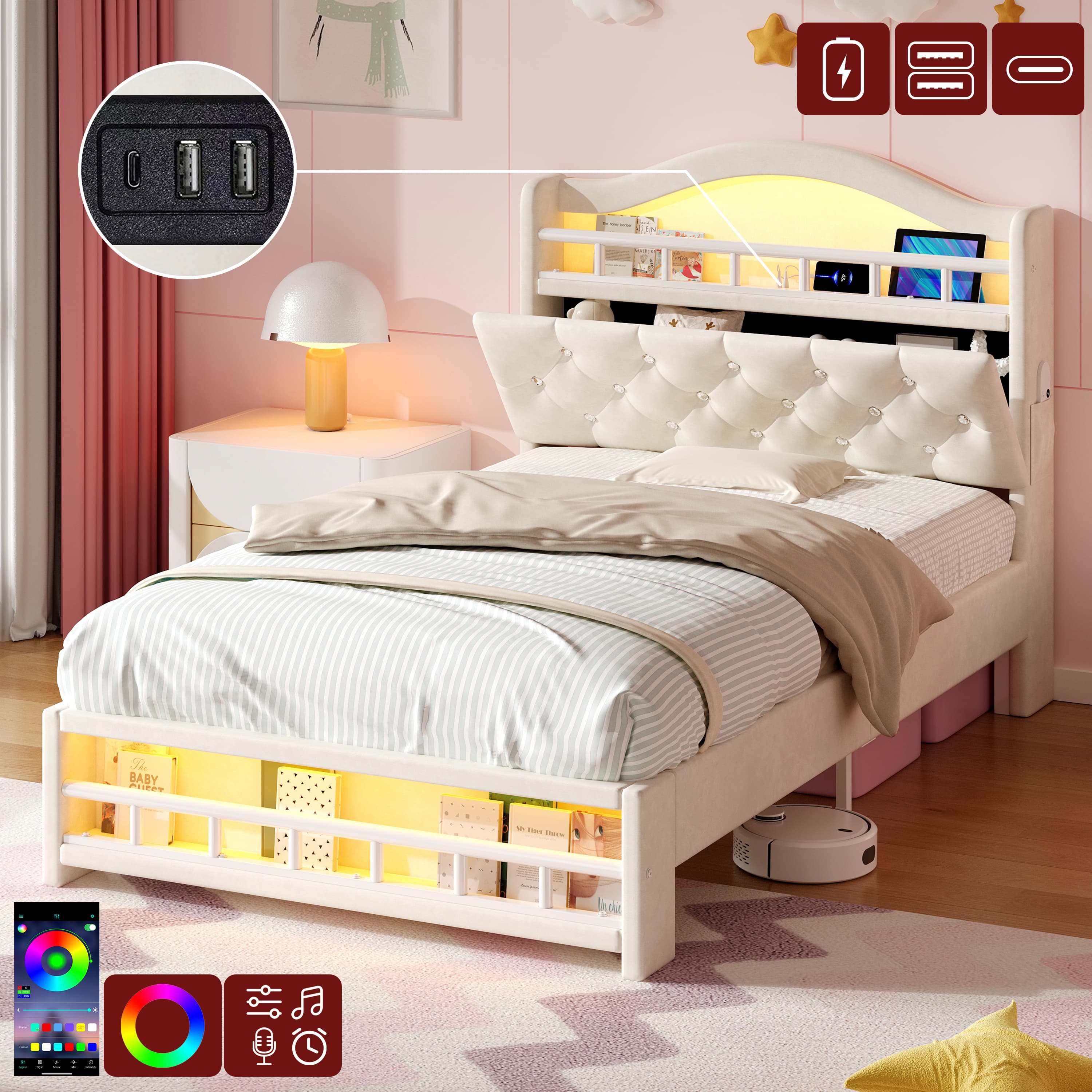 Your All-in-One Bed: Storage, Charging & Ambient Lighting - Beige
