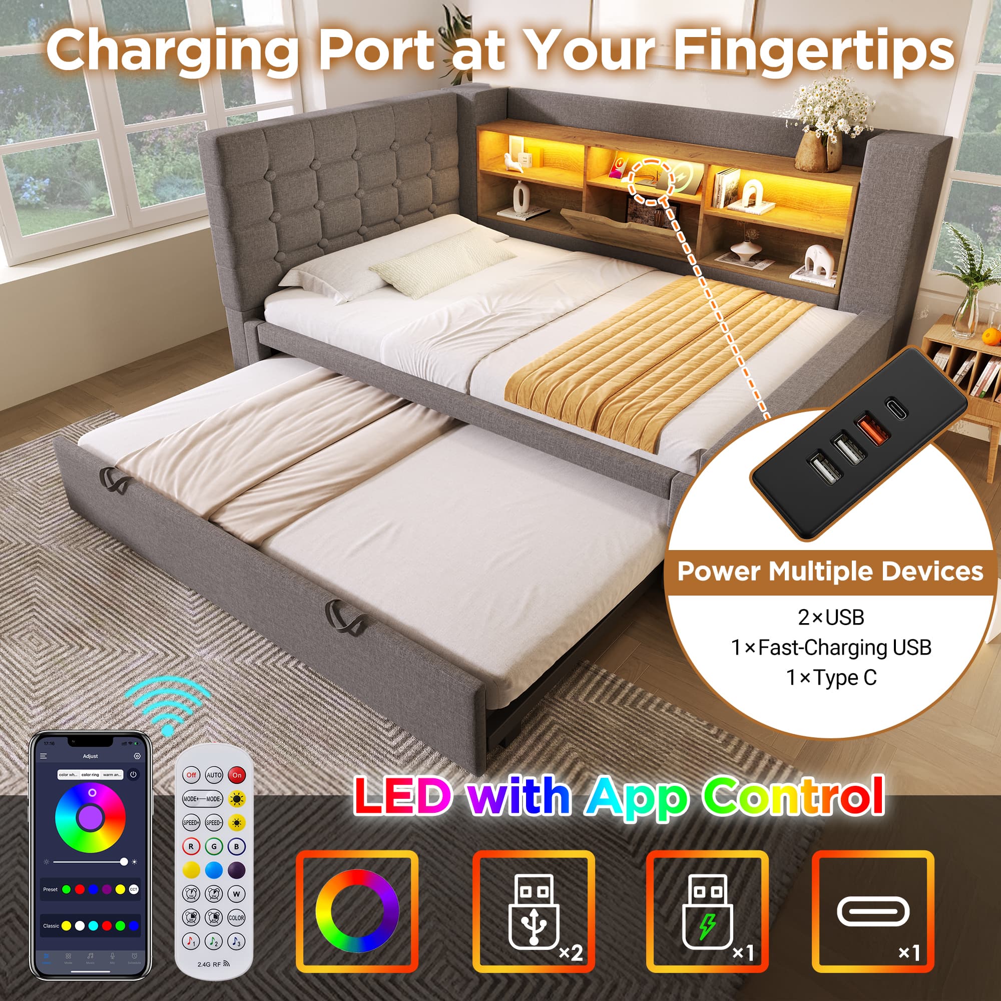 Smart Daybed with Trundle, Storage & USB Charging Station - image 5