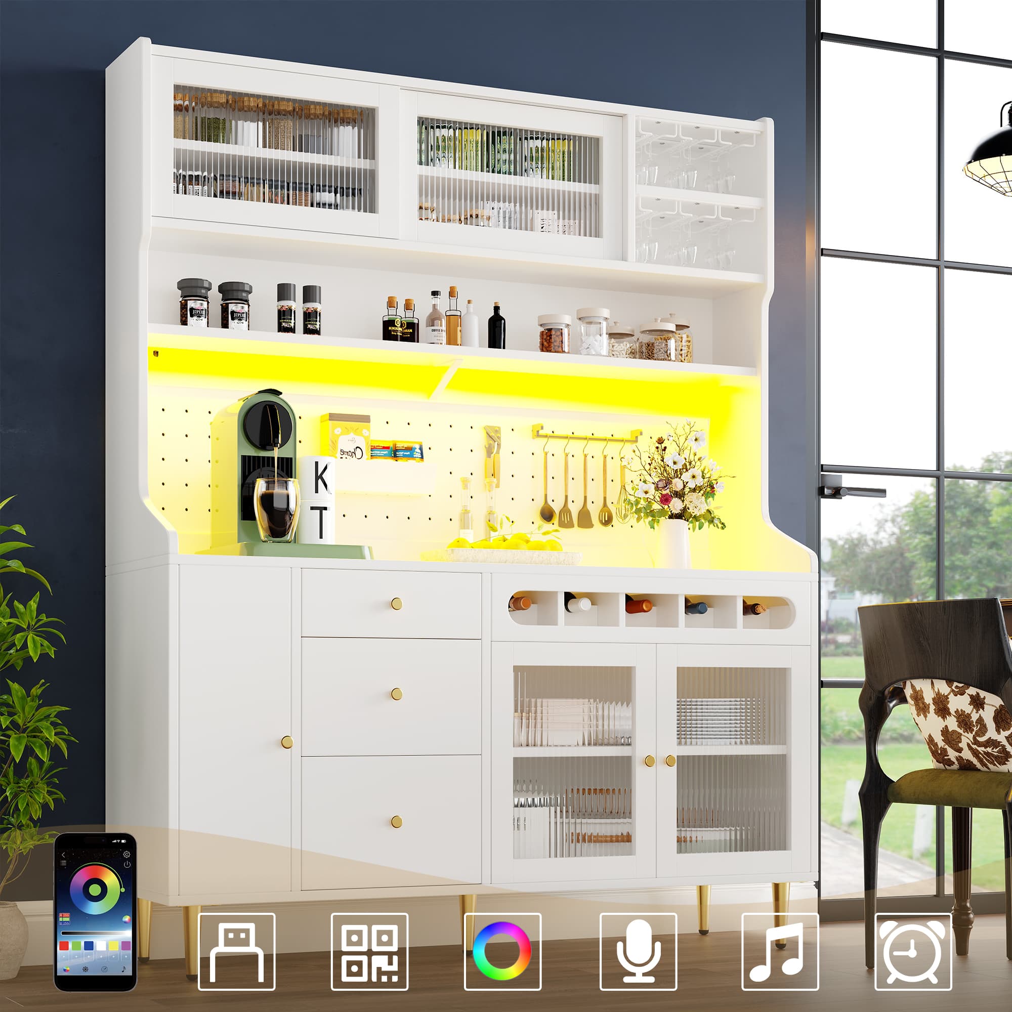 Smart LED Highboard Cabinet with Wine Rack & Adjustable Shelves - White