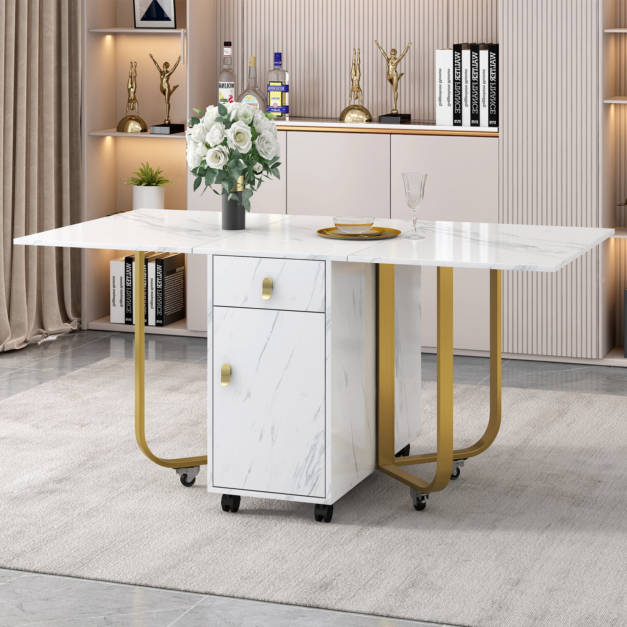 Space-Saving Folding Dining Table with Elegant Gold Details - White