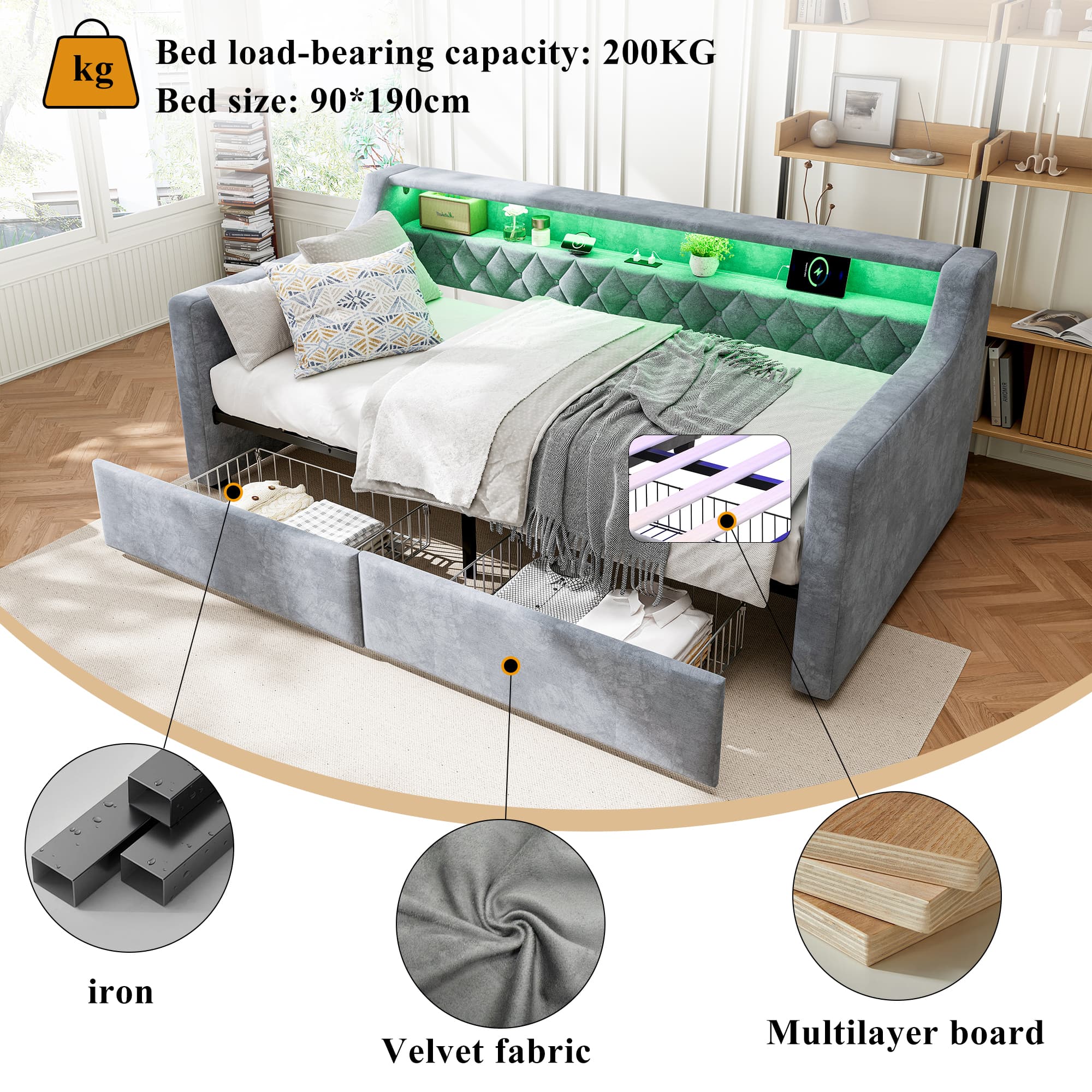 Transform Your Space with this Grey Velvet 3FT Daybed - image 5