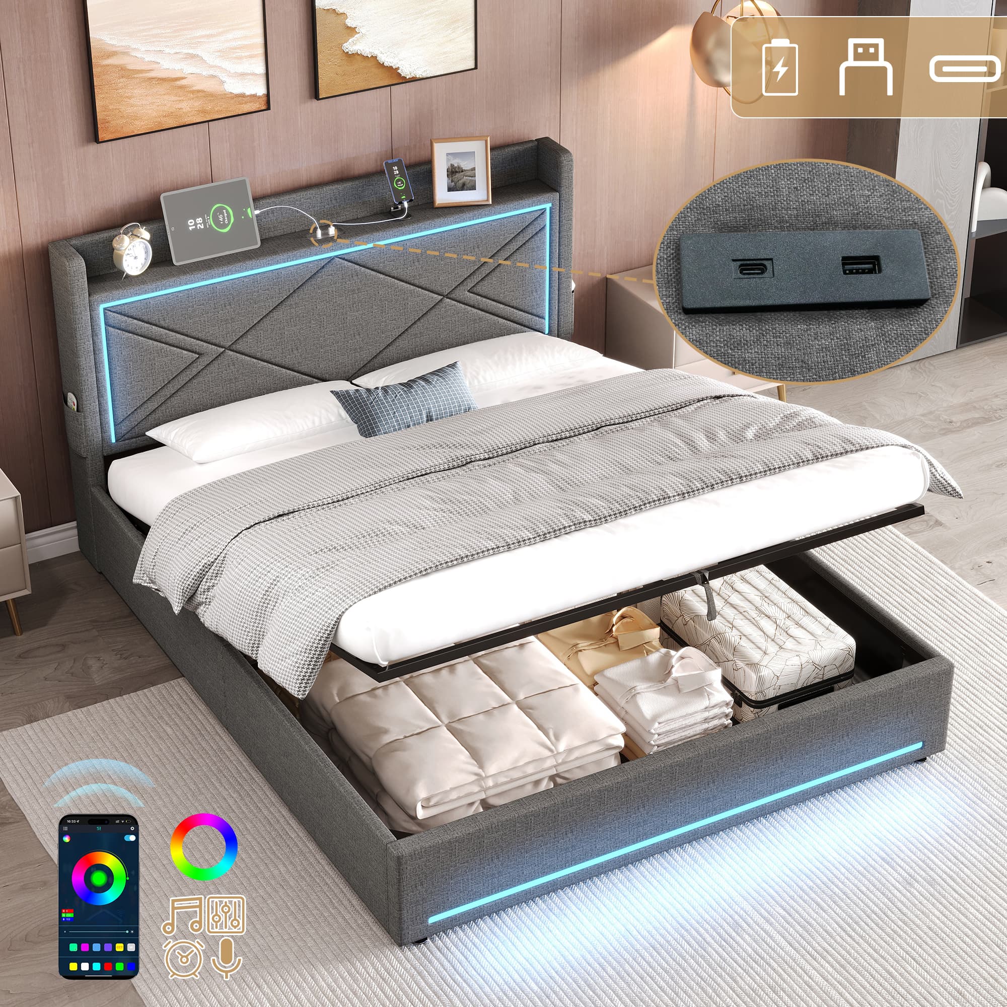 Transform Your Bedroom with Smart Storage & Ambient Lighting - Grey