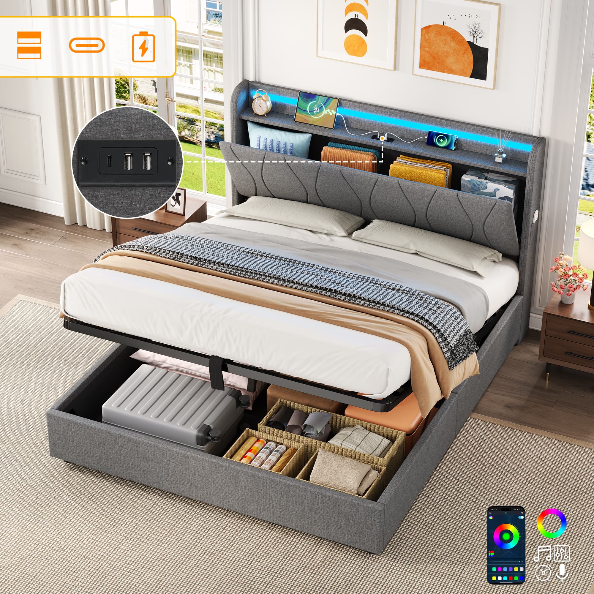 The Ultimate Smart Storage Bed with LEDs & USB Charging - Grey
