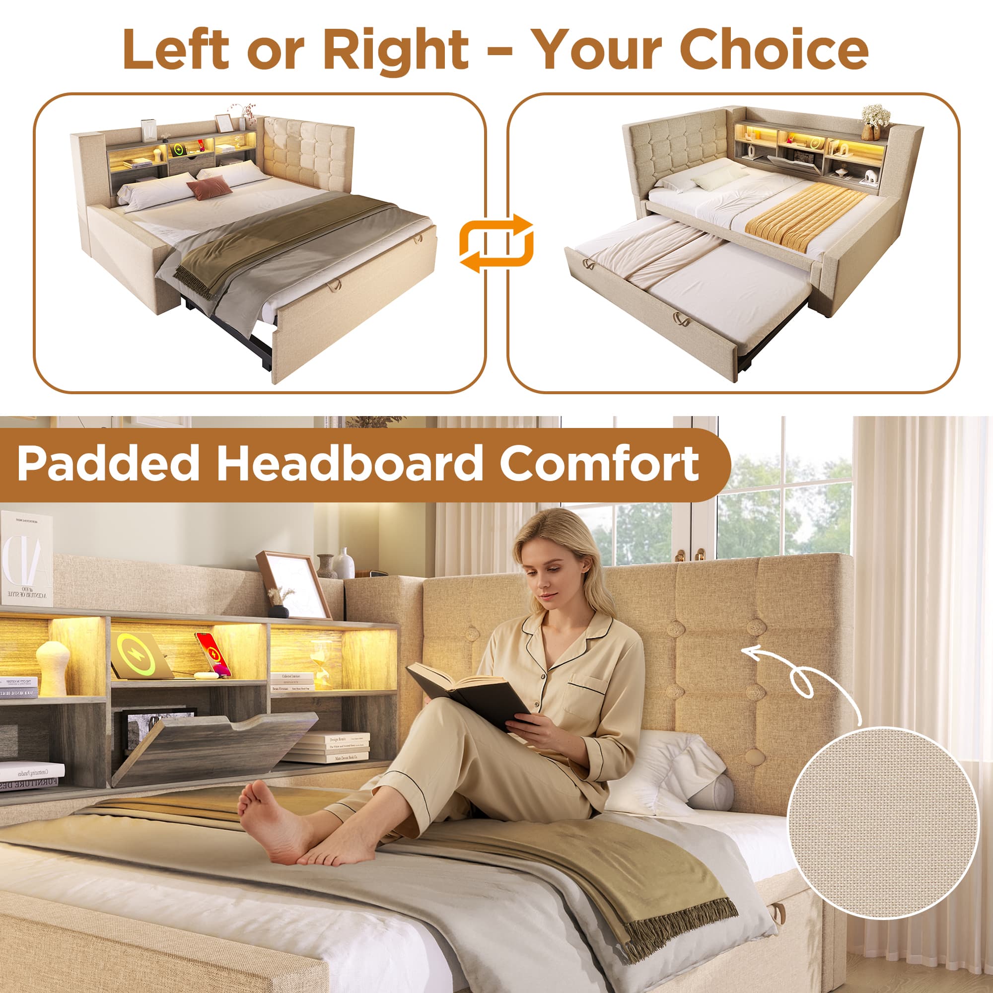 Smart Upholstered Daybed with Trundle & LED Lighting - image 3