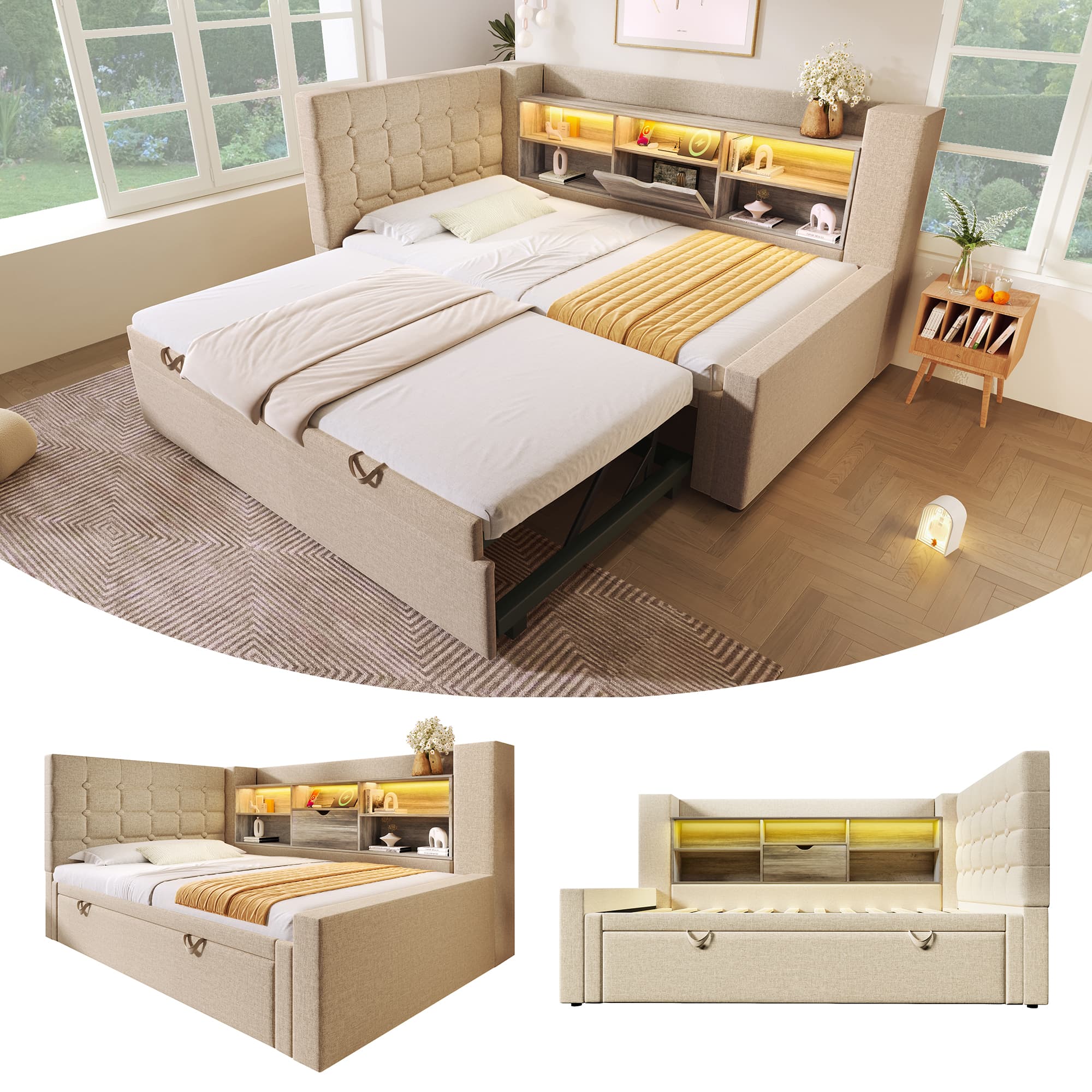 Smart Upholstered Daybed with Trundle & LED Lighting - Beige