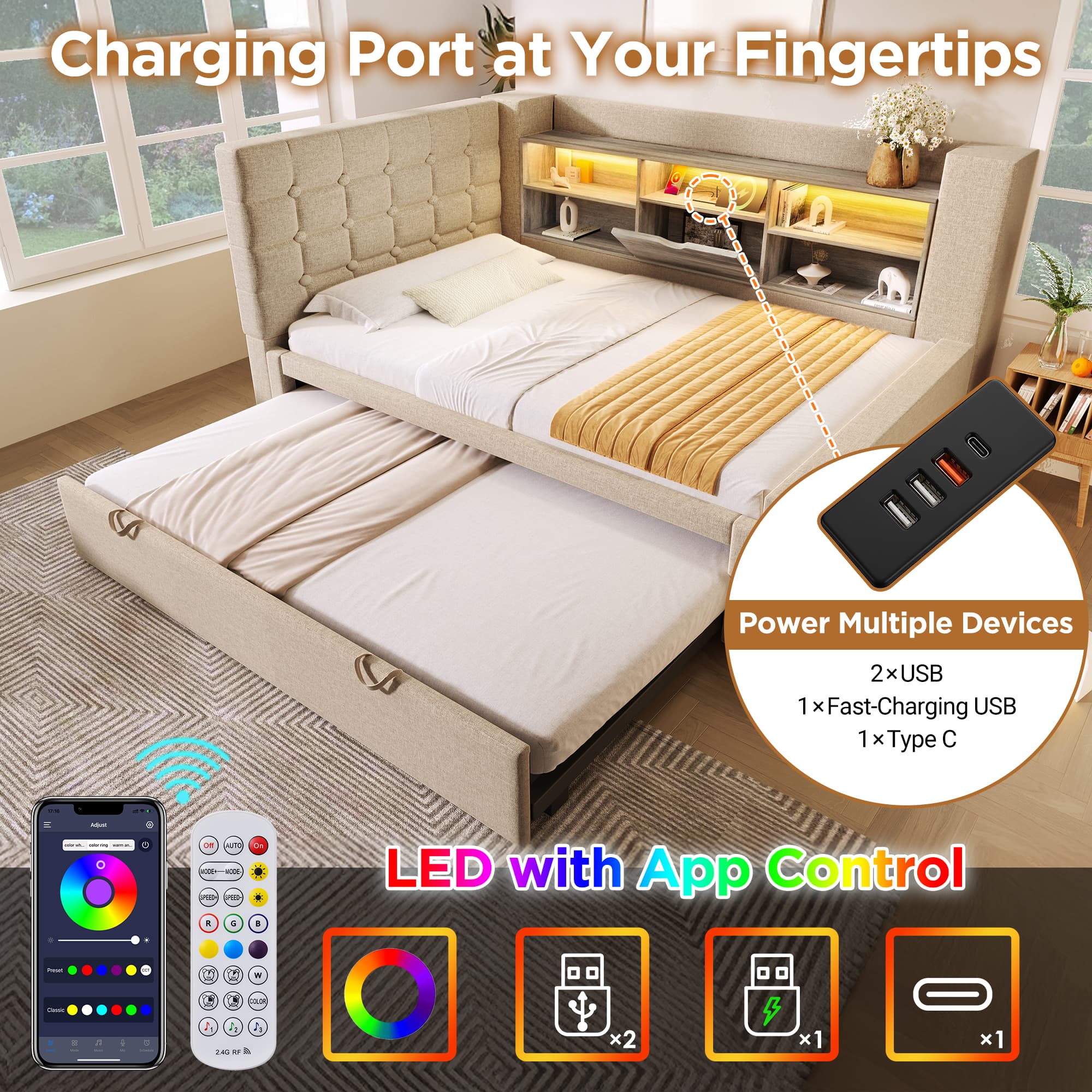 Smart Upholstered Daybed with Trundle & LED Lighting - image 4