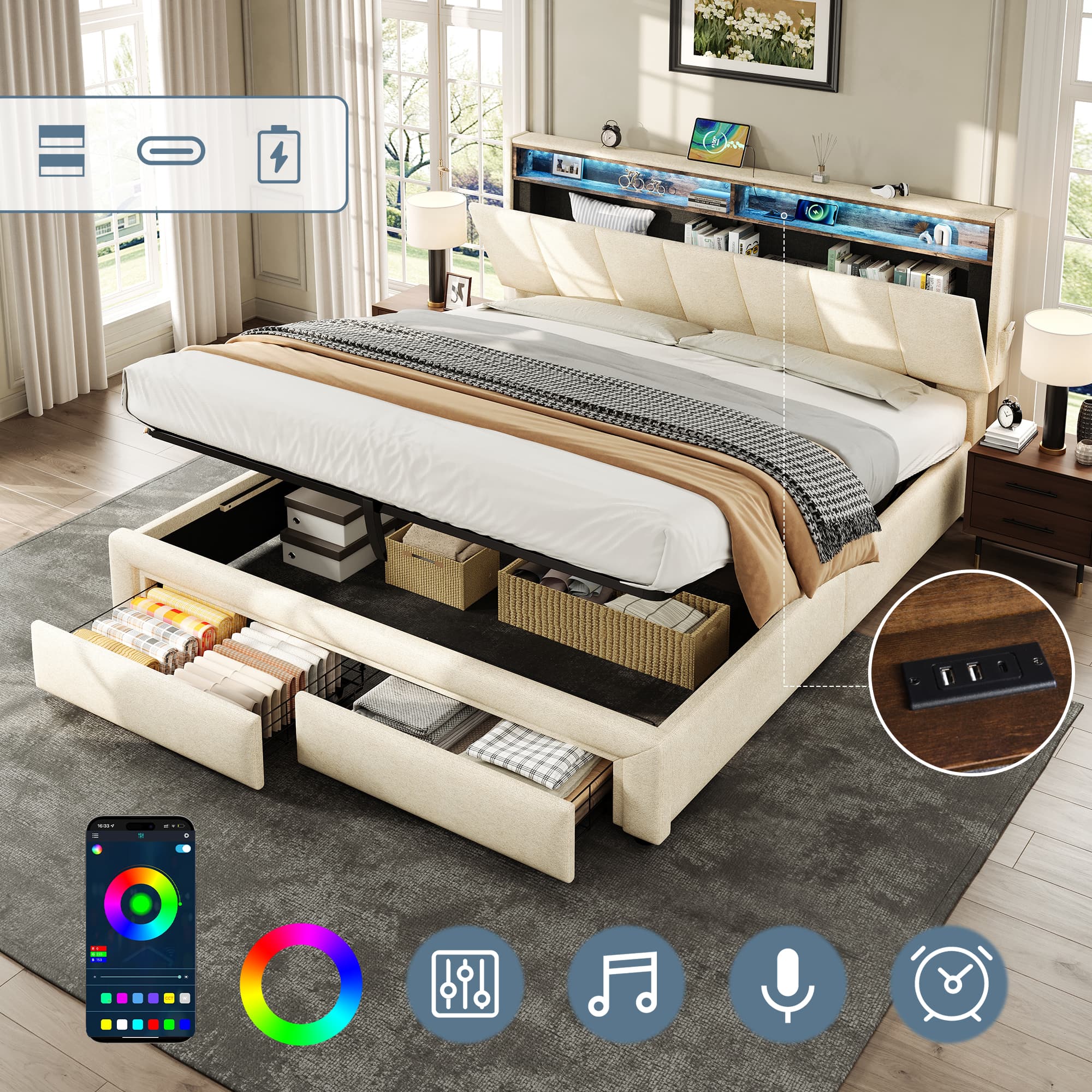 King Upholstered Bed with Hydraulic Storage, LEDs & Charging