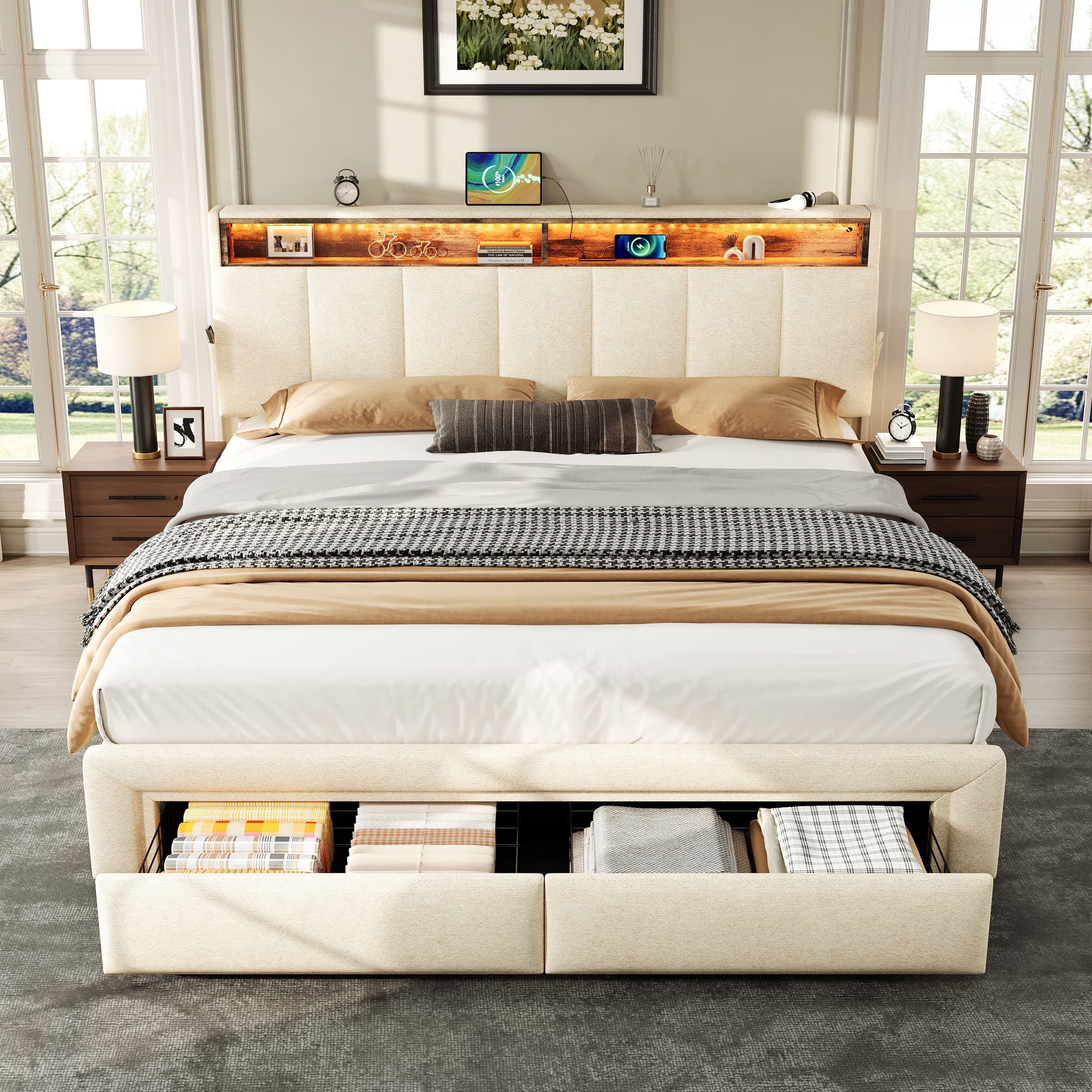 King Upholstered Bed with Hydraulic Storage, LEDs & Charging - image 5