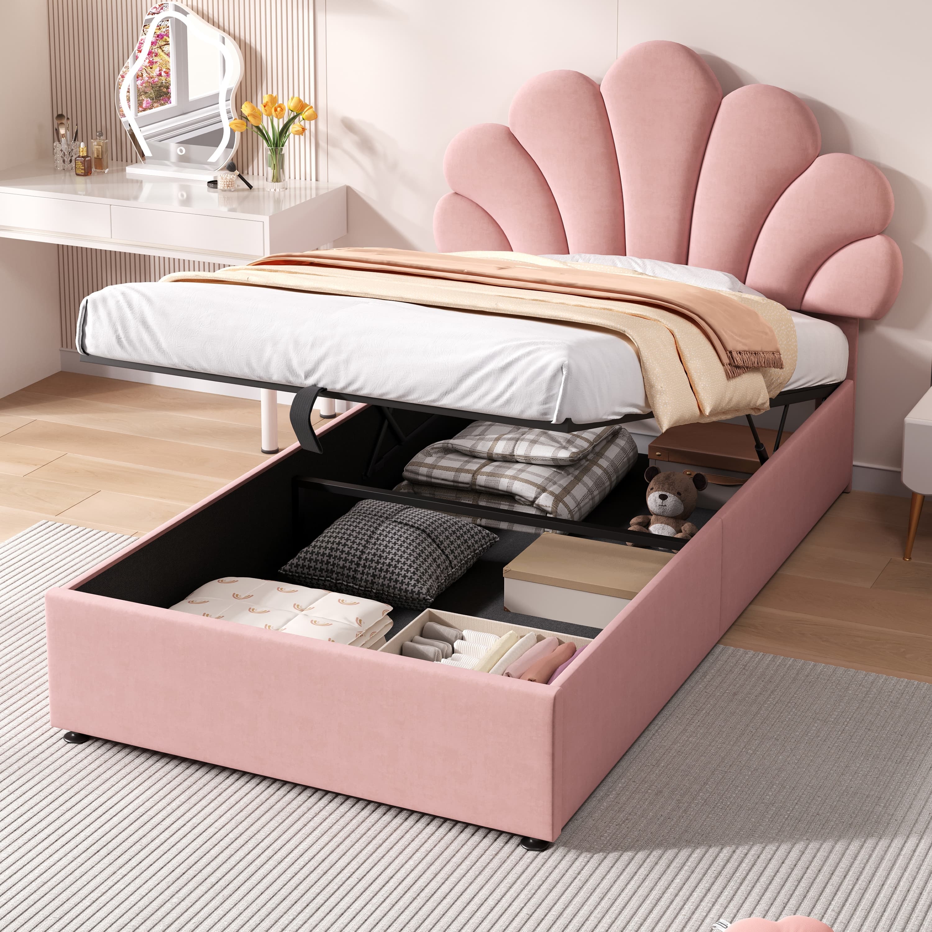 Chic Petal Velvet Bed with Effortless Hydraulic Storage