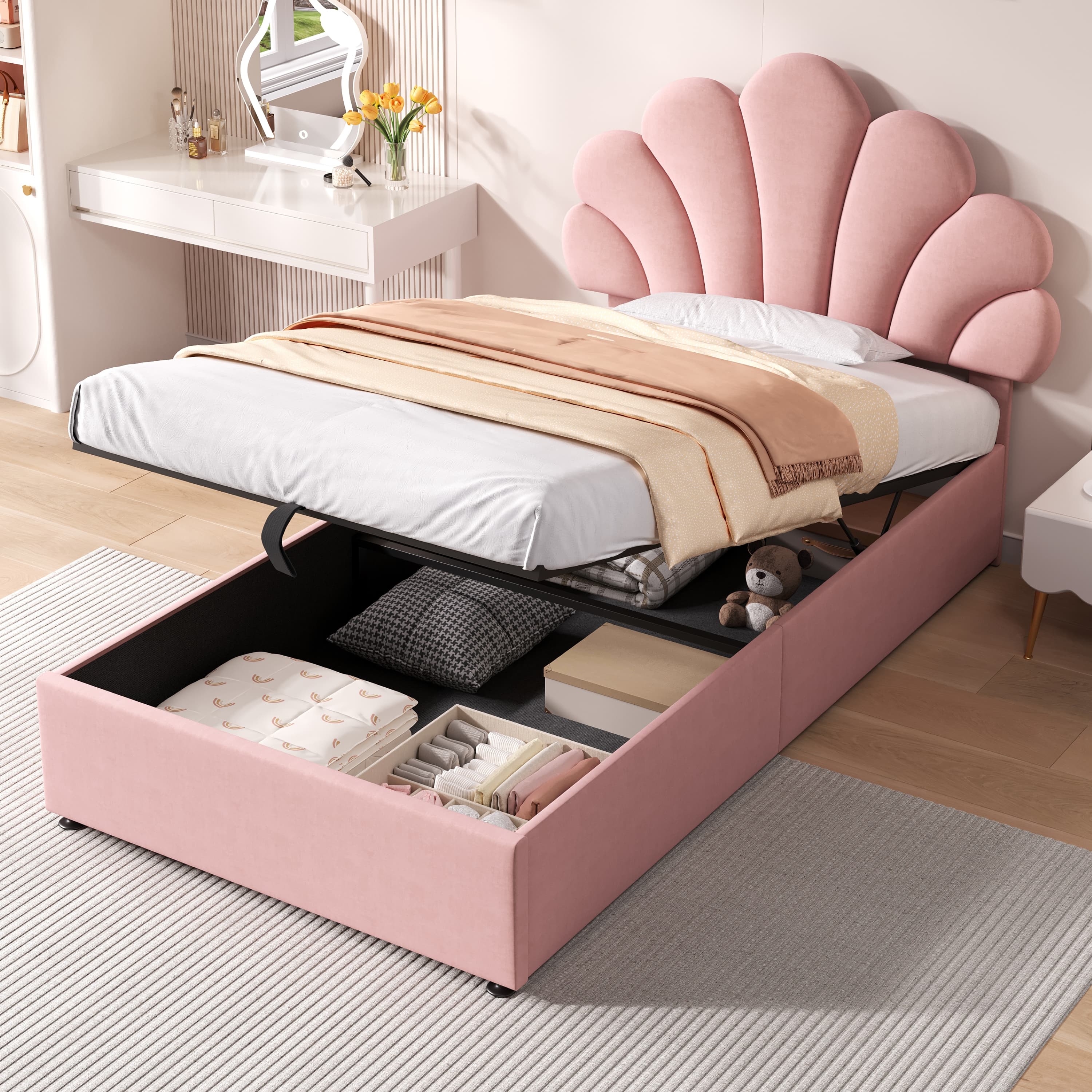 Chic Petal Velvet Bed with Effortless Hydraulic Storage - image 5