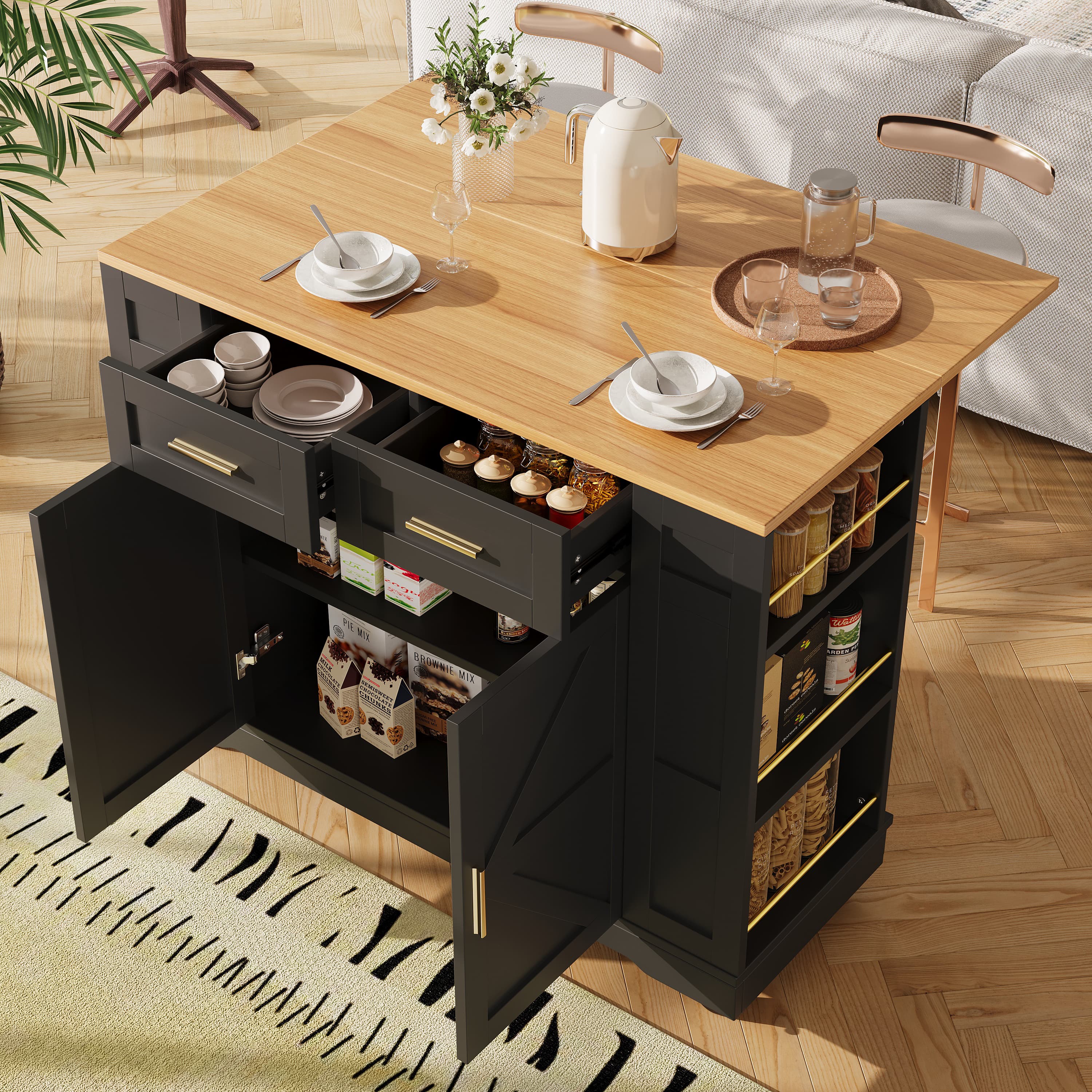 Mobile Kitchen Island with Expandable Breakfast Bar