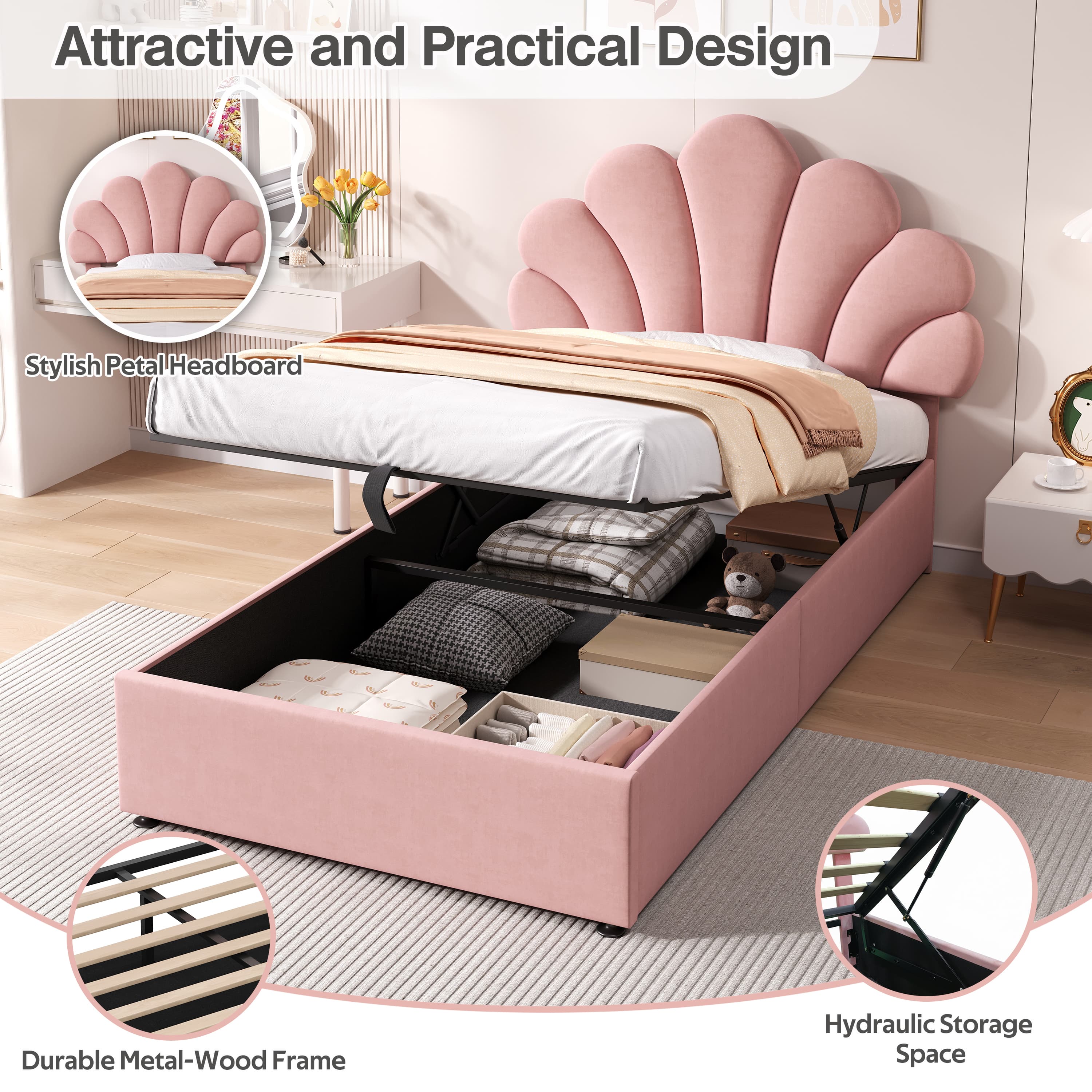 Chic Petal Velvet Bed with Effortless Hydraulic Storage - image 3