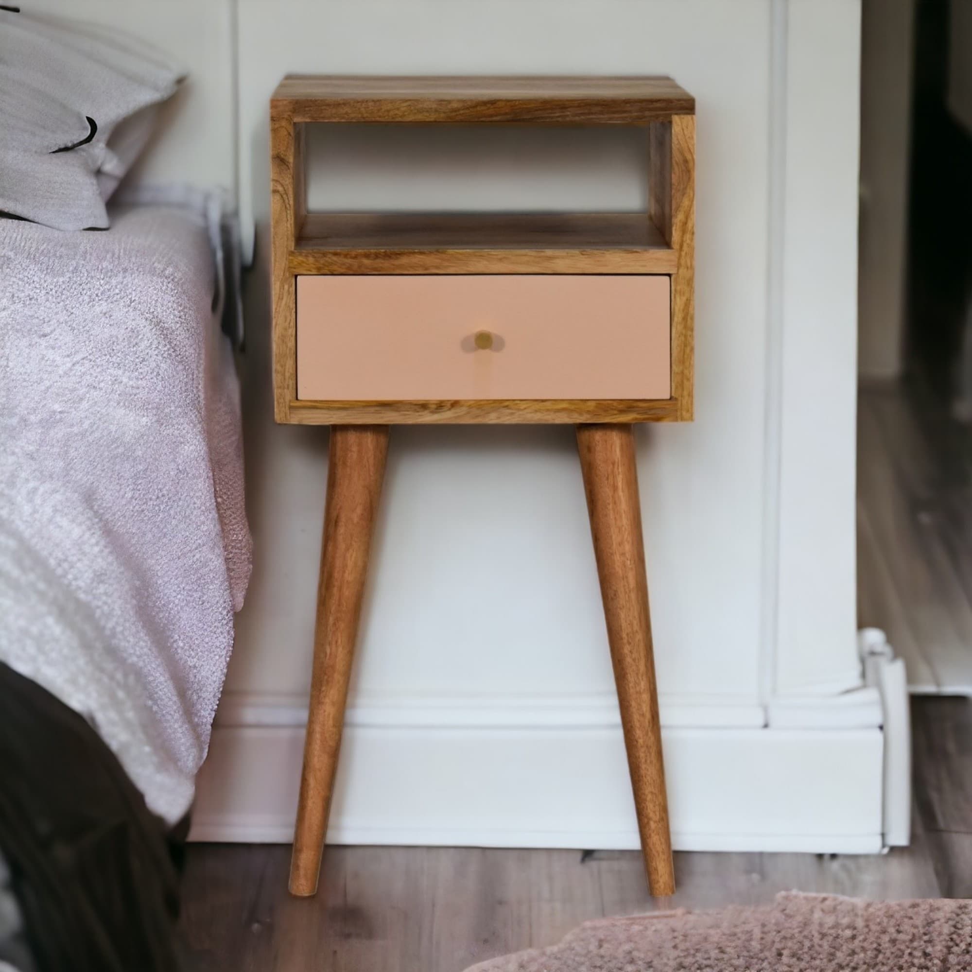 Hand-Painted Solid Mango Wood Bedside Table with Drawer