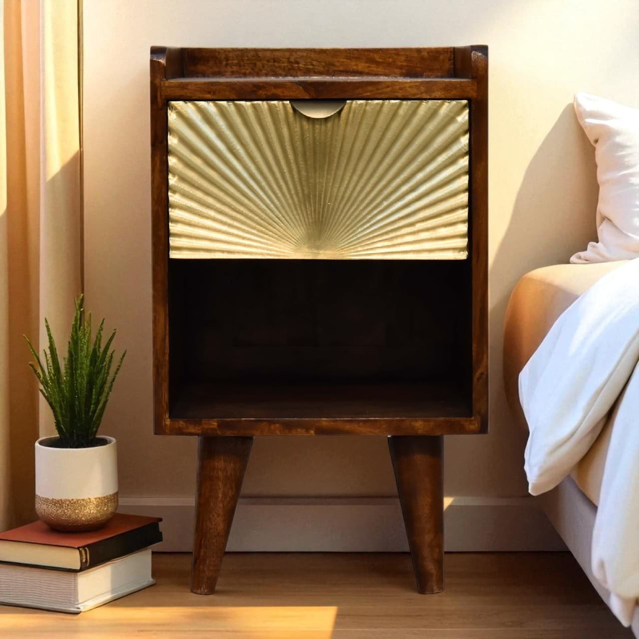 Handcrafted Solid Mango Wood Bedside Table with Gold Detail