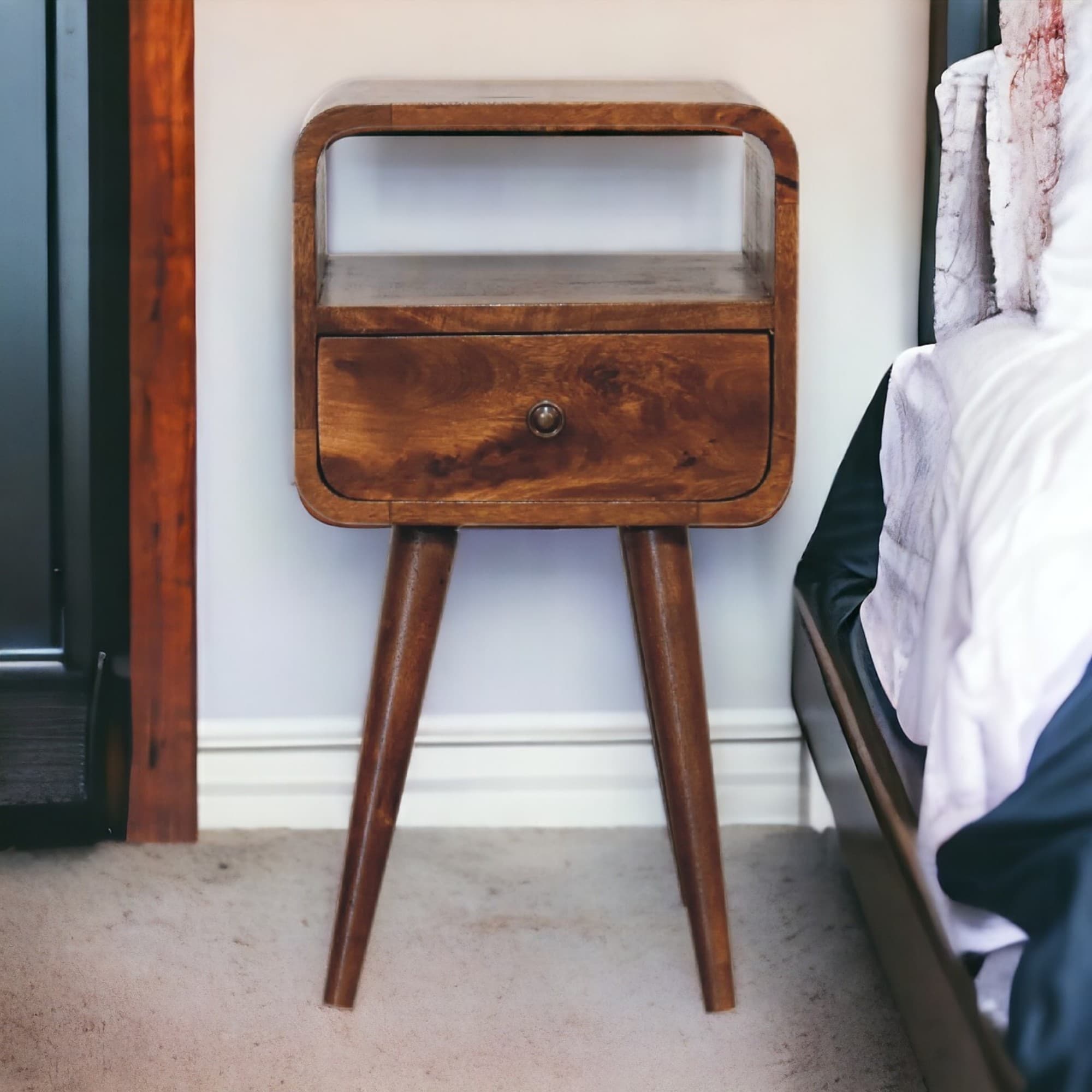 Transform Your Bedroom with this Curved Solid Wood Bedside Table - Brown