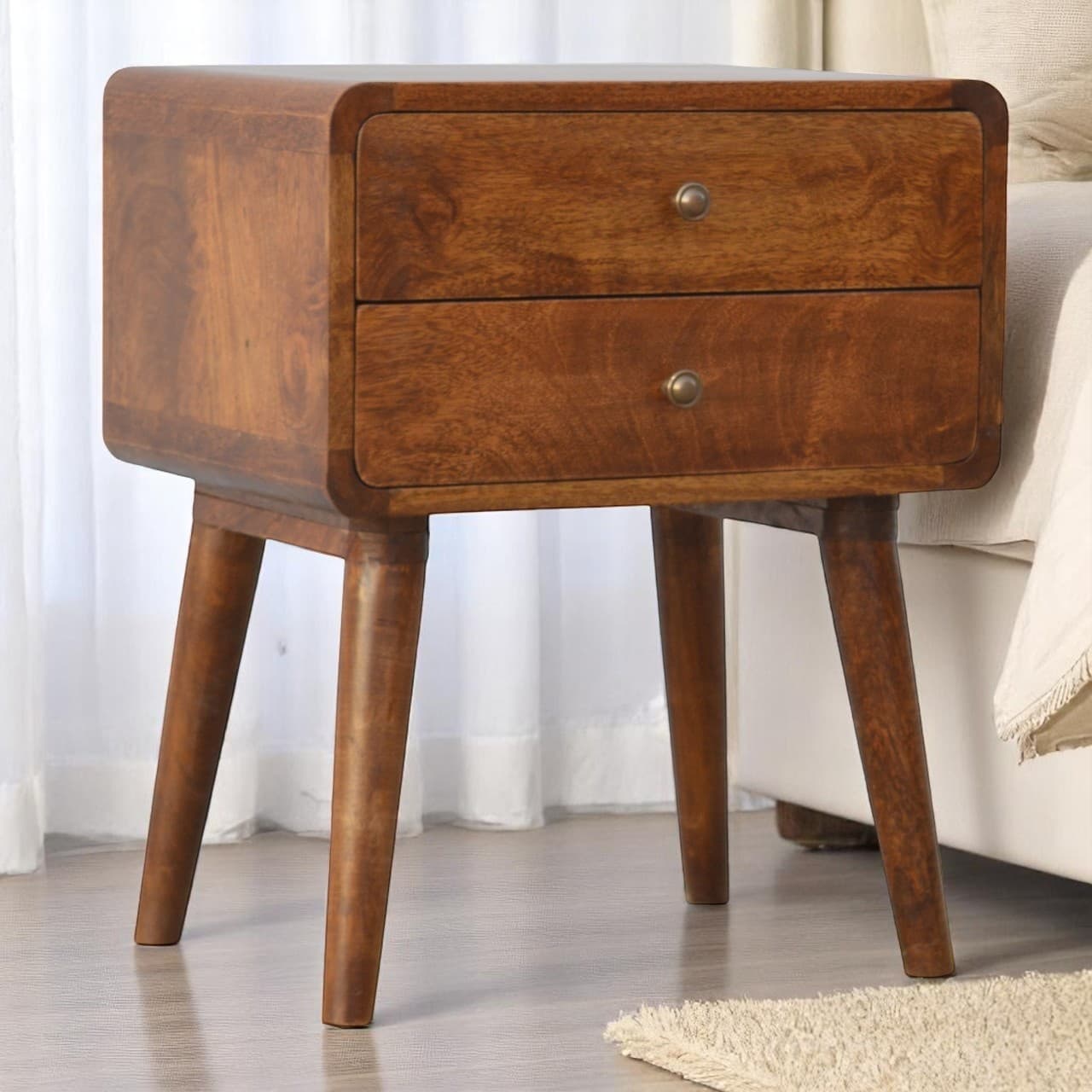 Handcrafted Solid Wood Curved Bedside Table in Dark Chestnut - Brown