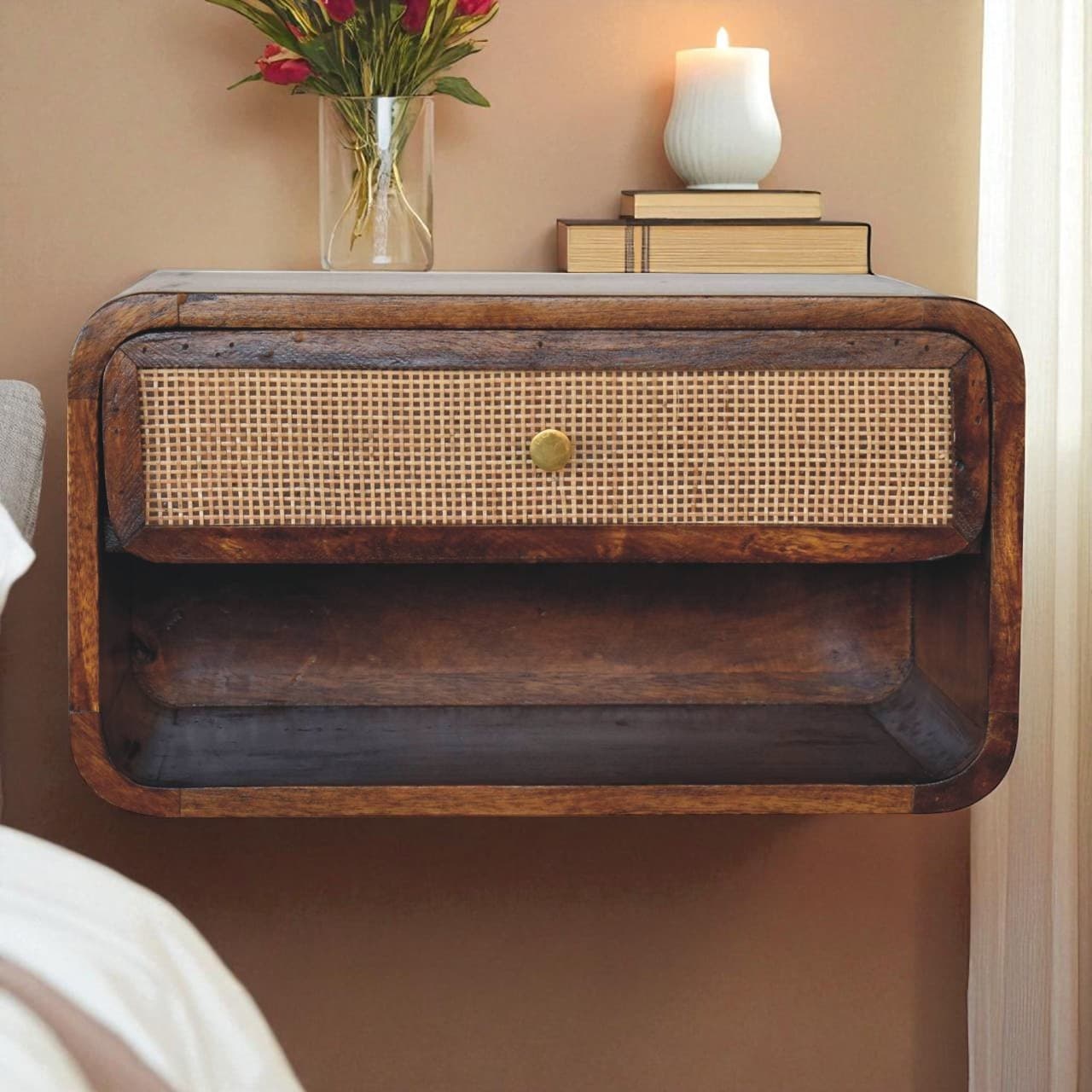 Floating Solid Wood Bedside Table with Woven Drawer