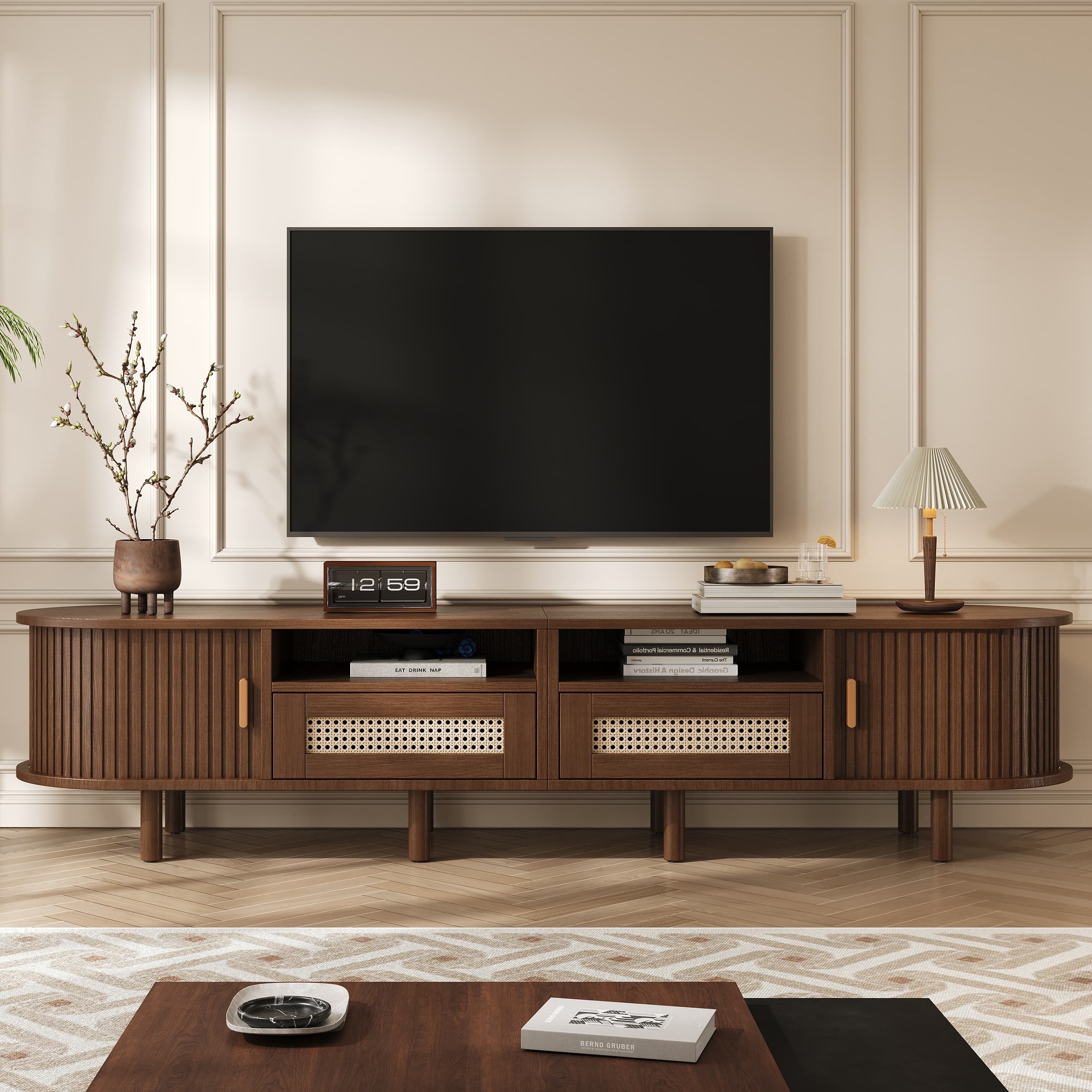 Elegant Rattan TV Cabinet with Smart Storage for 70" TVs